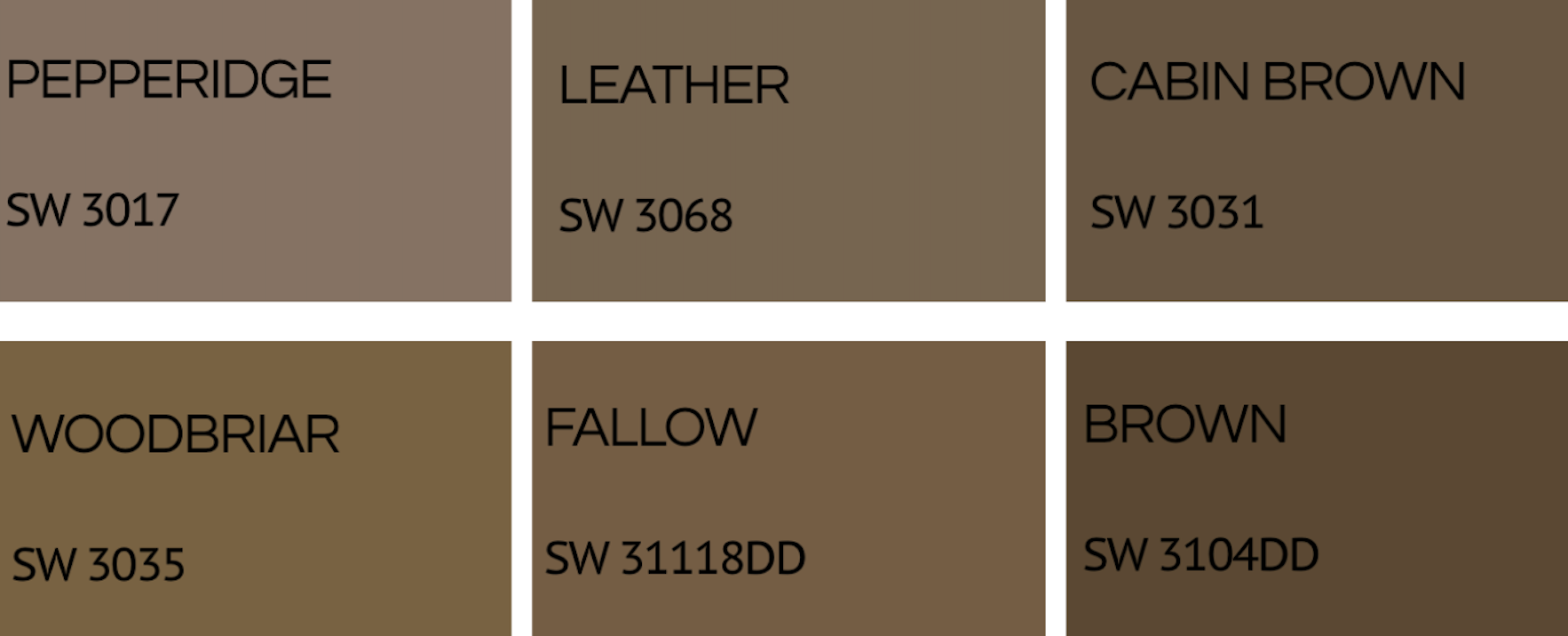 Swatch palette with six shades of brown labeled as Pepperidge, Leather, Cabin Brown, Woodbriar, Fallow, and Brown, each with corresponding color codes.