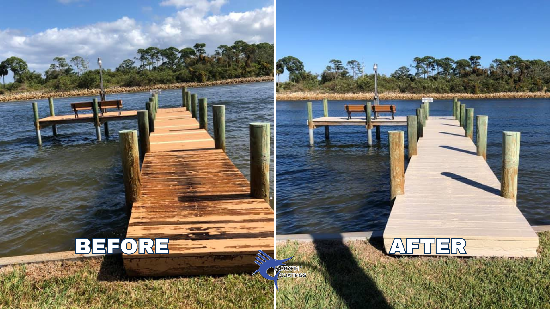 Side-by-side comparison of a wooden dock over water before and after maintenance. The 'before' dock has weathered, discolored wood planks with signs of aging. The 'after' dock features fresh, light-colored wood planks with new appearance, surrounded 