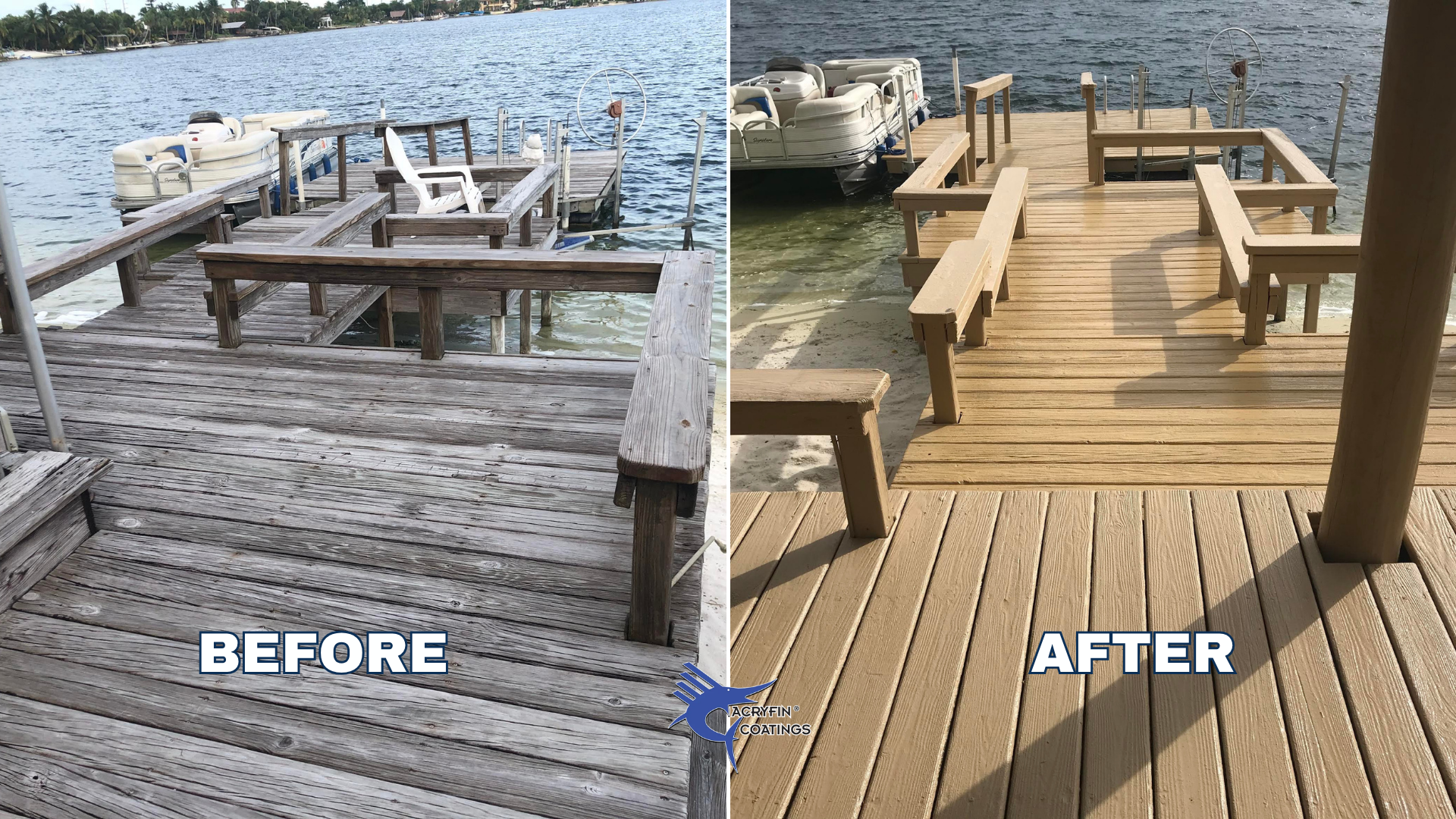 Side-by-side comparison of a weathered wooden dock Before and a clean, new wooden dock After, both by the water with boats visible in the background.