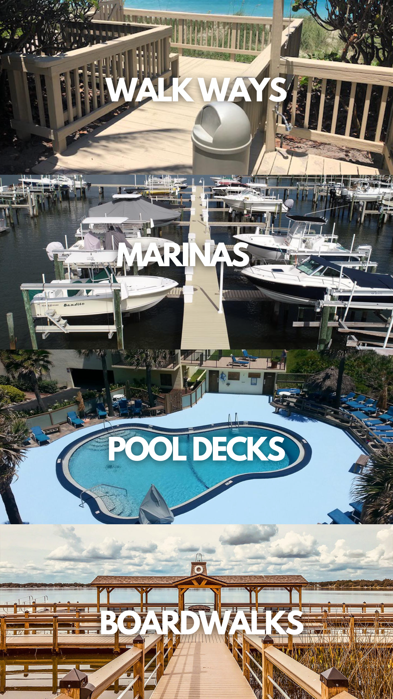 Composite of three images showing outdoor leisure spaces. The top image shows a wooden deck with railings, a trash can, and a lock on a tap, overlooking a beach and ocean. The middle image features boats docked at marinas with a walkway between the docks. The bottom image depicts a wooden boardwalk extending over a body of water to a covered pavilion, with blue sky and clouds overhead.