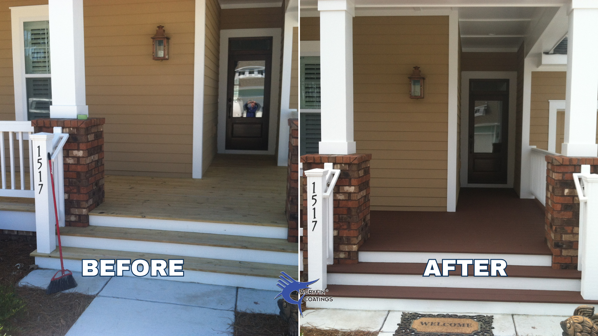 Side-by-side comparison of a house porch before and after application of a new coating. The 'before' side shows a porch with worn, faded paint, and the 'after' side shows a freshly painted, darker and more vibrant surface.