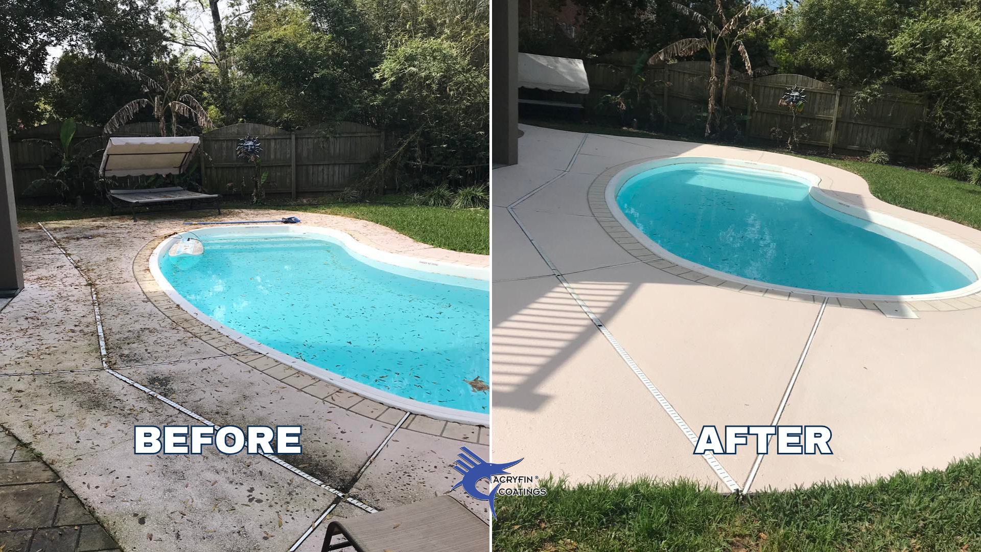 Comparison of a backyard pool before and after cleaning and resurfacing. The 'before' side shows dirty, stained pool with debris, cracked and stained concrete surrounding the pool. The 'after' side shows a clean, bright, and freshly resurfaced pool w
