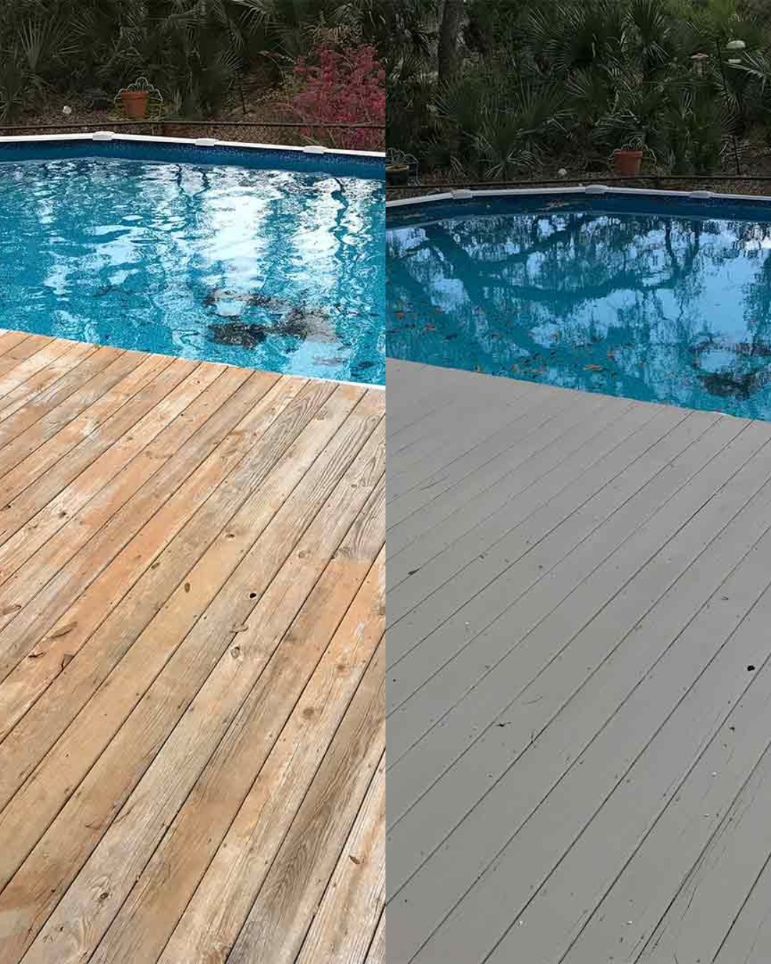 Side-by-side comparison of a swimming pool surrounded by a wooden deck on the left and a concrete deck on the right, with trees and bushes in the background.