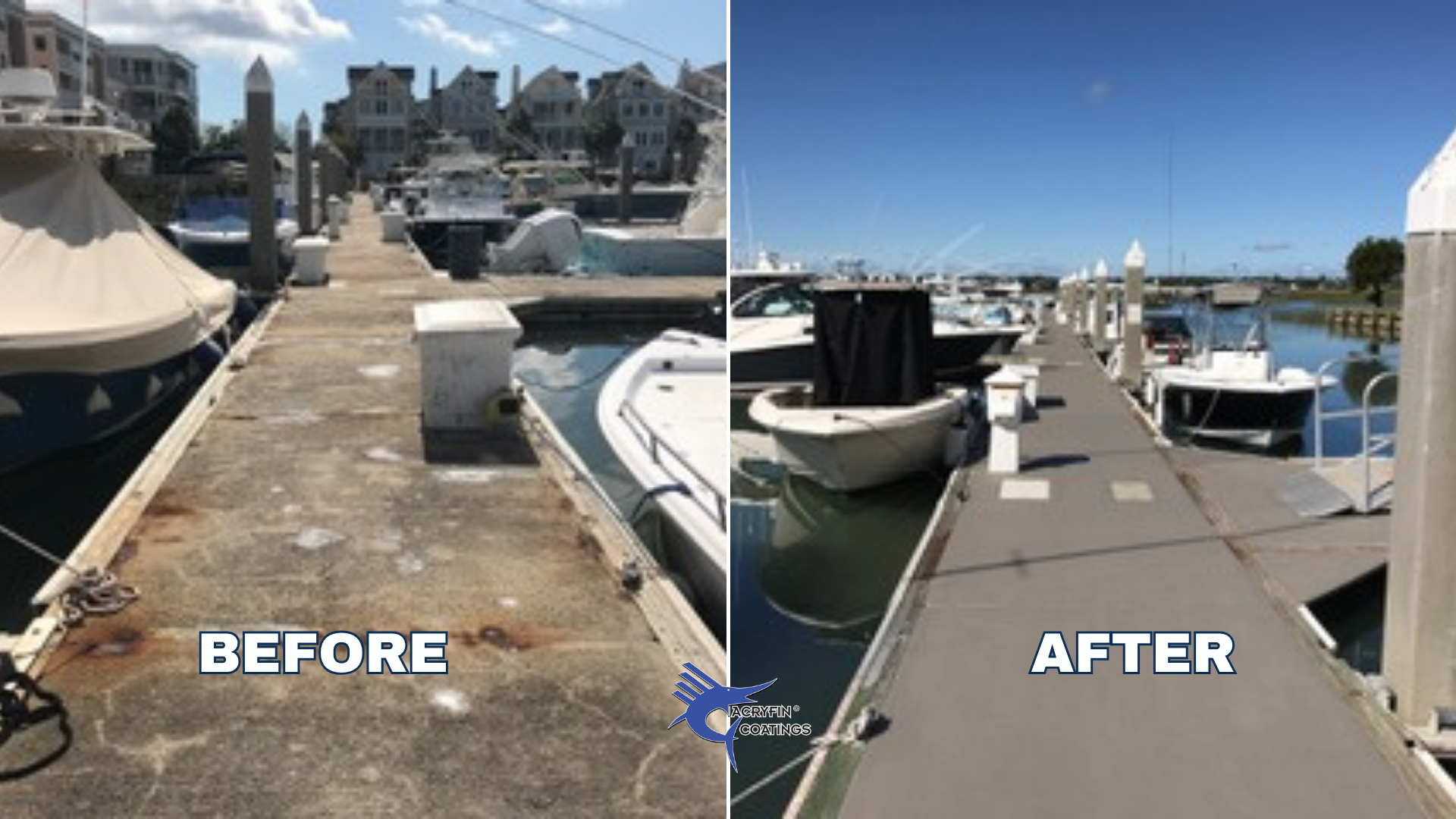 Comparison photo showing a boat dock before and after cleaning. The left side labeled 'BEFORE' shows a boat dock with rust, grime, and dirt. The right side labeled 'AFTER' shows the same dock clean and well-maintained. The logo of Acryn Fin Coatings is visible at the bottom center.