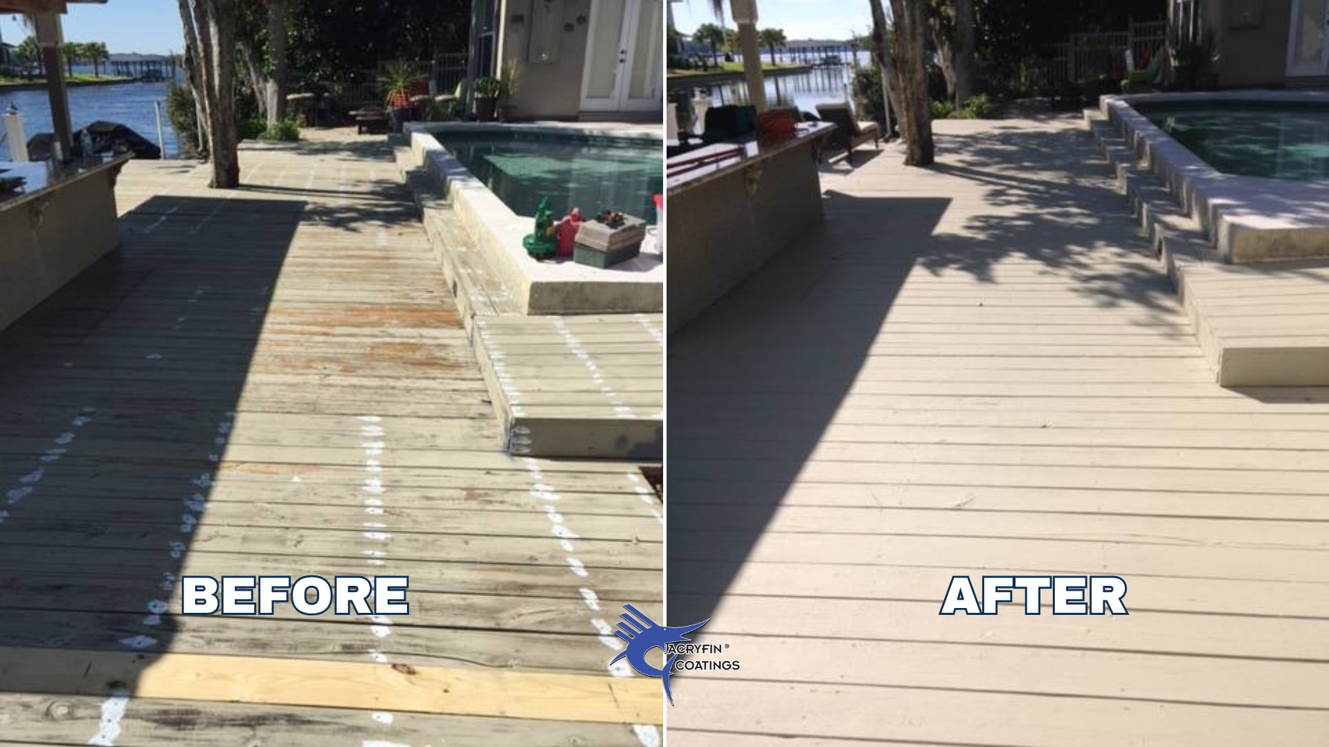 Before and after images of a wooden deck and hot tub area. The 'before' shows worn, weathered wood with uneven, faded paint marks. The 'after' displays a freshly painted, clean, and smooth surface with a uniform light color. The hot tub remains in th