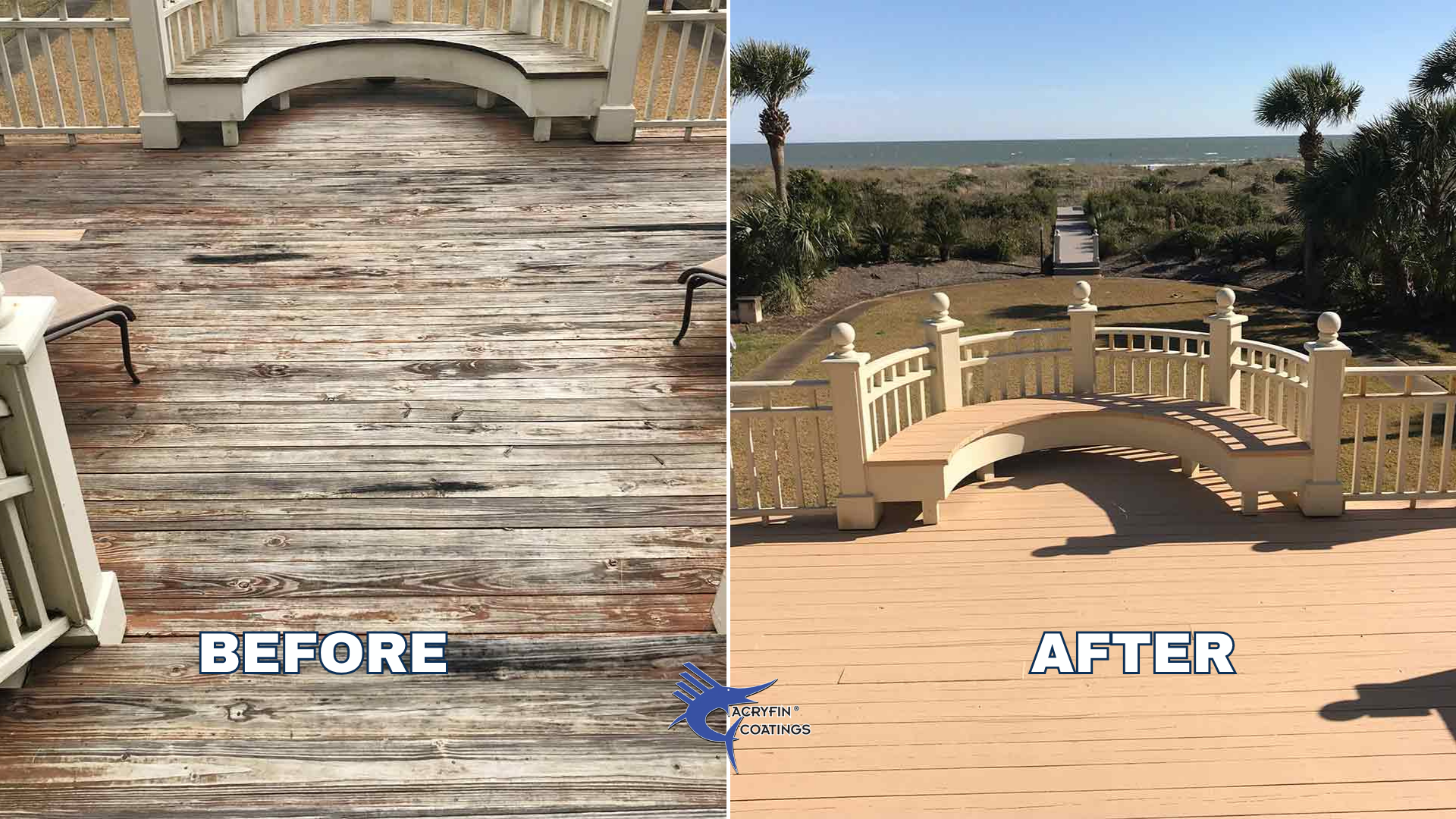 Side-by-side comparison of a weathered wooden deck before and after being coated with a fresh, light-colored paint or stain. The before side shows aged, stained wood planks, while the after side shows the same area with a new, smooth, beige finish. There are outdoor seating benches on both sides, with beach and palm trees visible in the background."}