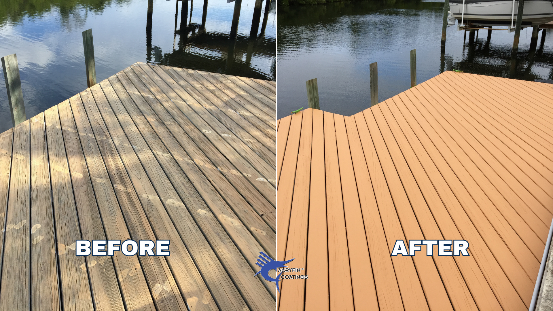 Side-by-side comparison of a wooden dock before and after being refinished. The before image shows the dock with worn, grayish wood, while the after image shows the dock with a newly stained, vibrant orange finish. Both images feature a water background with support posts.
