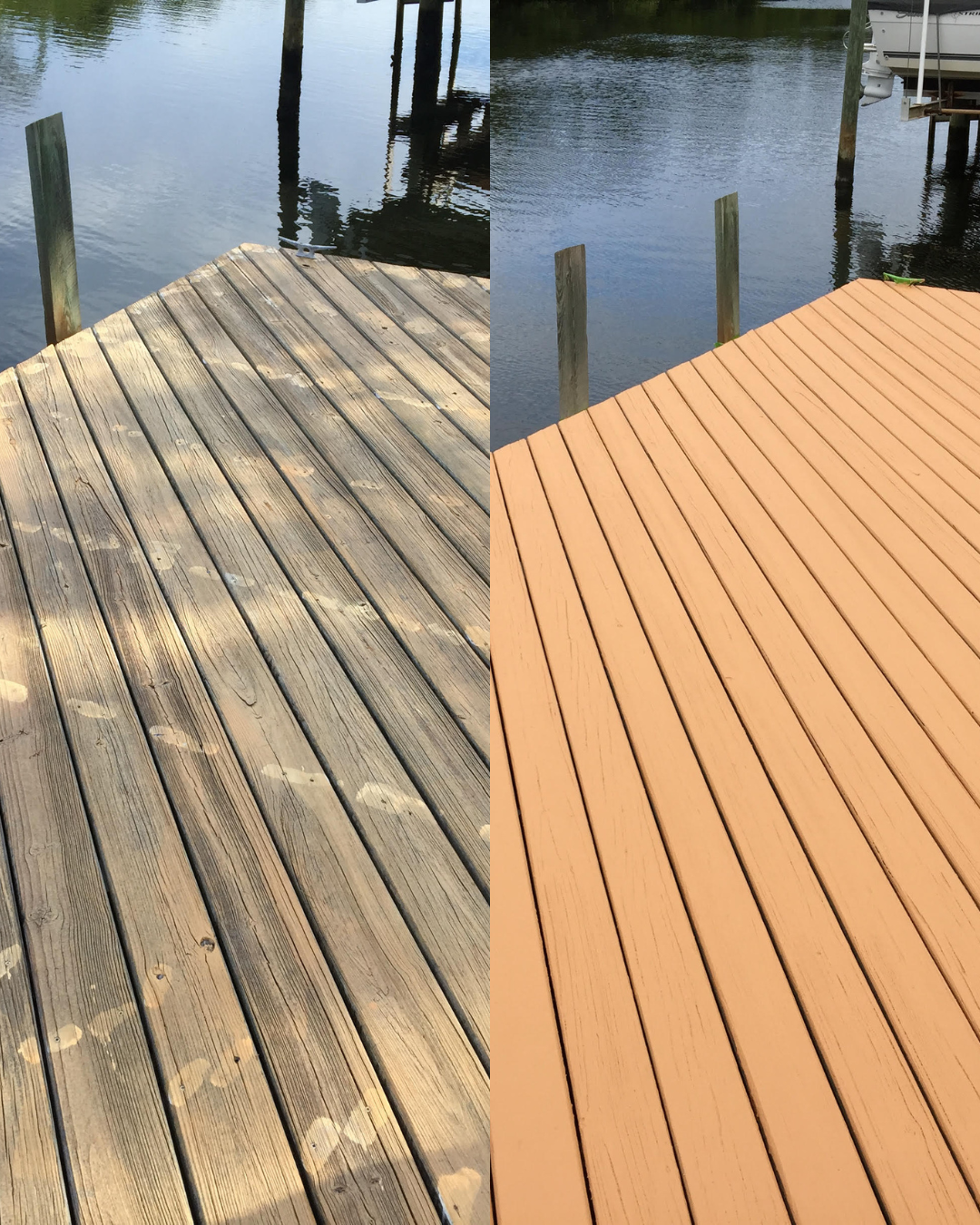 Comparison of a weathered wood dock on the left and a newly stained wood dock on the right, both near water with wooden pilings.