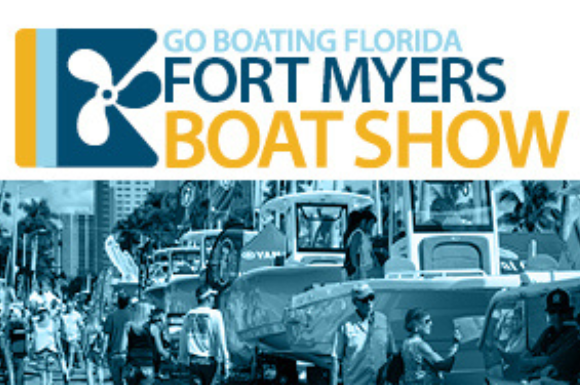 Logo for the Fort Myers Boat Show with a stylized blue and yellow boat propeller and an image of a marina with boats and buildings in the background.