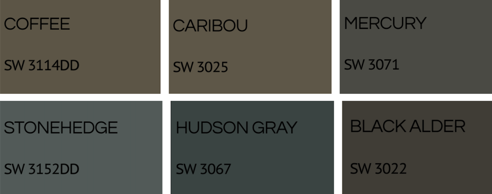 A color palette featuring six paint colors with their names and code numbers: Coffee, Caribou, Mercury, Stonehedge, Hudson Gray, and Black Alder.