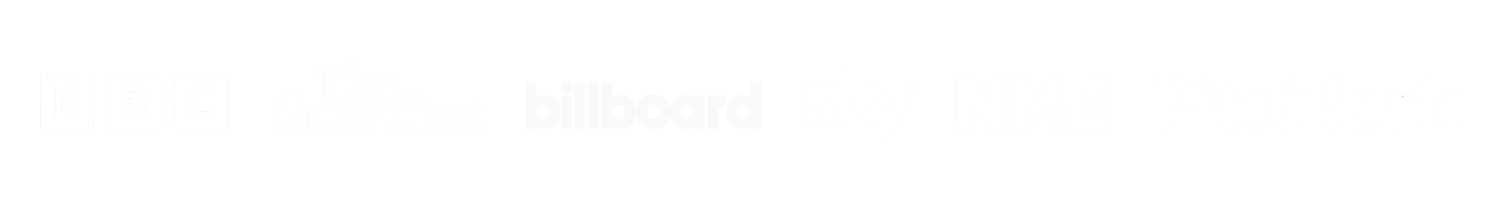 Logos of press and media outlets: BBC, The Guardian, Billboard, Sky, NME, and Pitchfork.