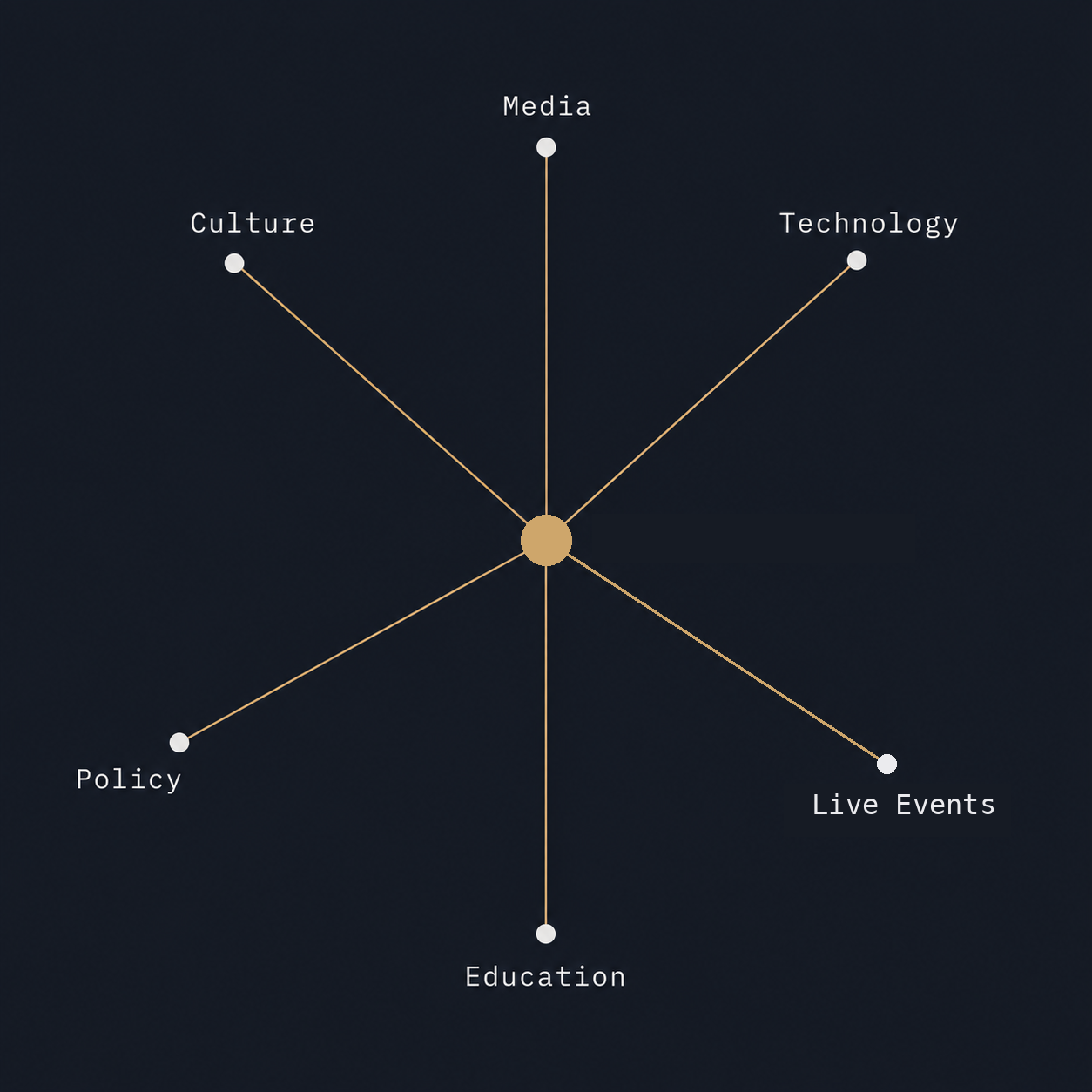 Hub-and-spoke diagram with a circle at the center, connected by lines to six surrounding nodes: Media, Technology, Hospitality, Education, Policy, and Culture.