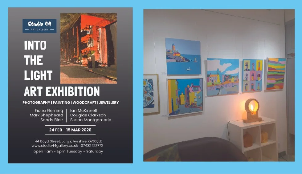 Left side: Art gallery advertisement poster for 'Into the Light' art exhibition, featuring paintings, photography, woodworking, jewelry, with dates Feb 24 to Mar 15, 2026, and location details. Right side: Interior of an art gallery with colorful paintings on the wall and a lit sculpture on a white shelf.