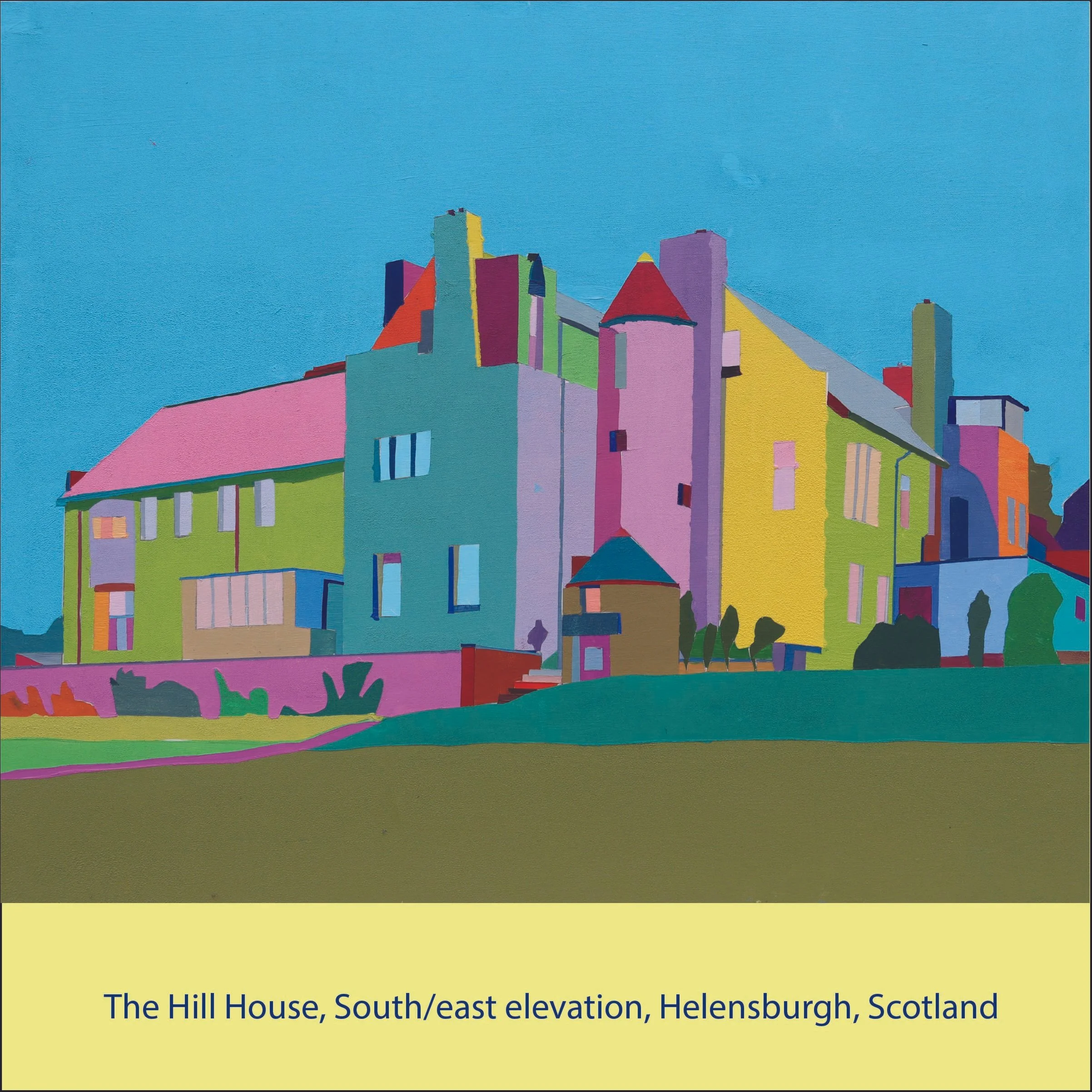 Colorful illustration of the south/east elevation of The Hill House in Helensburgh, Scotland, with text overlay that reads, 'The Hill House, South/east elevation, Helensburgh, Scotland.'
