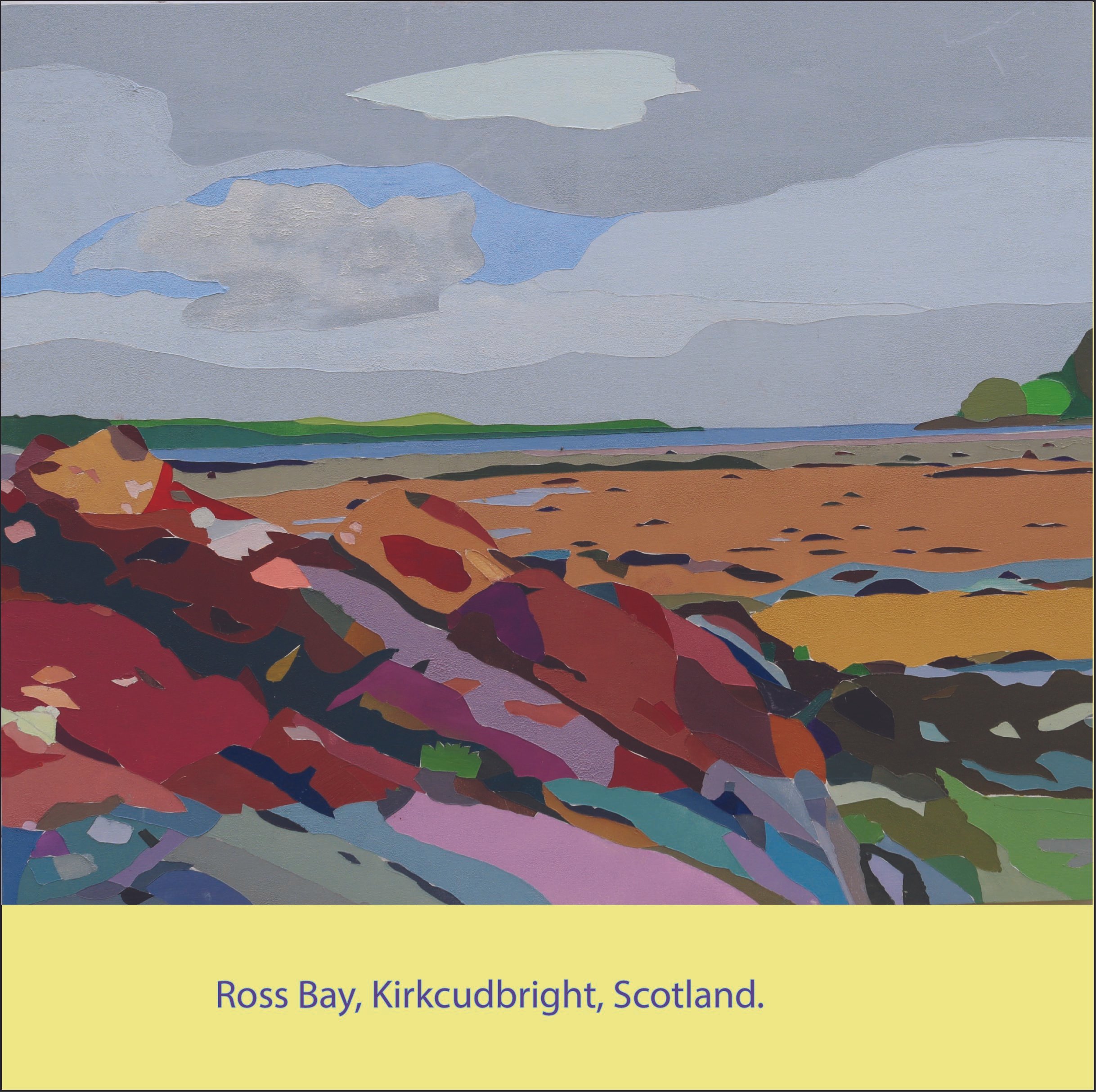 Painting of cloud-filled sky over Ross Bay, Kirkcudbright, Scotland, with a colorful landscape foreground.