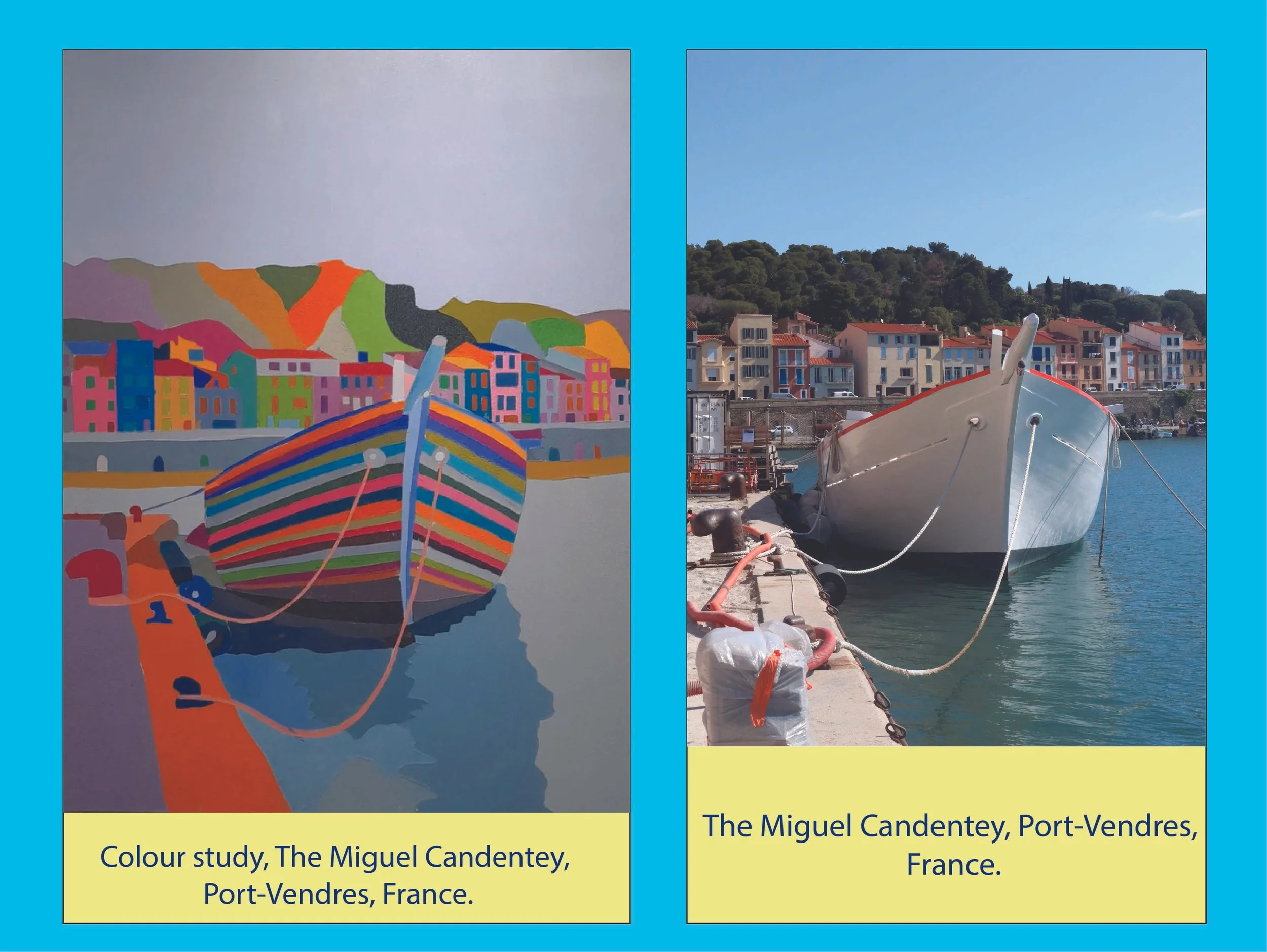 Comparison of two images showing Port-Vendres, France. The left image is a colorful art piece with a sailboat and abstract landscape, while the right image is a photograph of a marina with boats, buildings, and a hillside in the background.