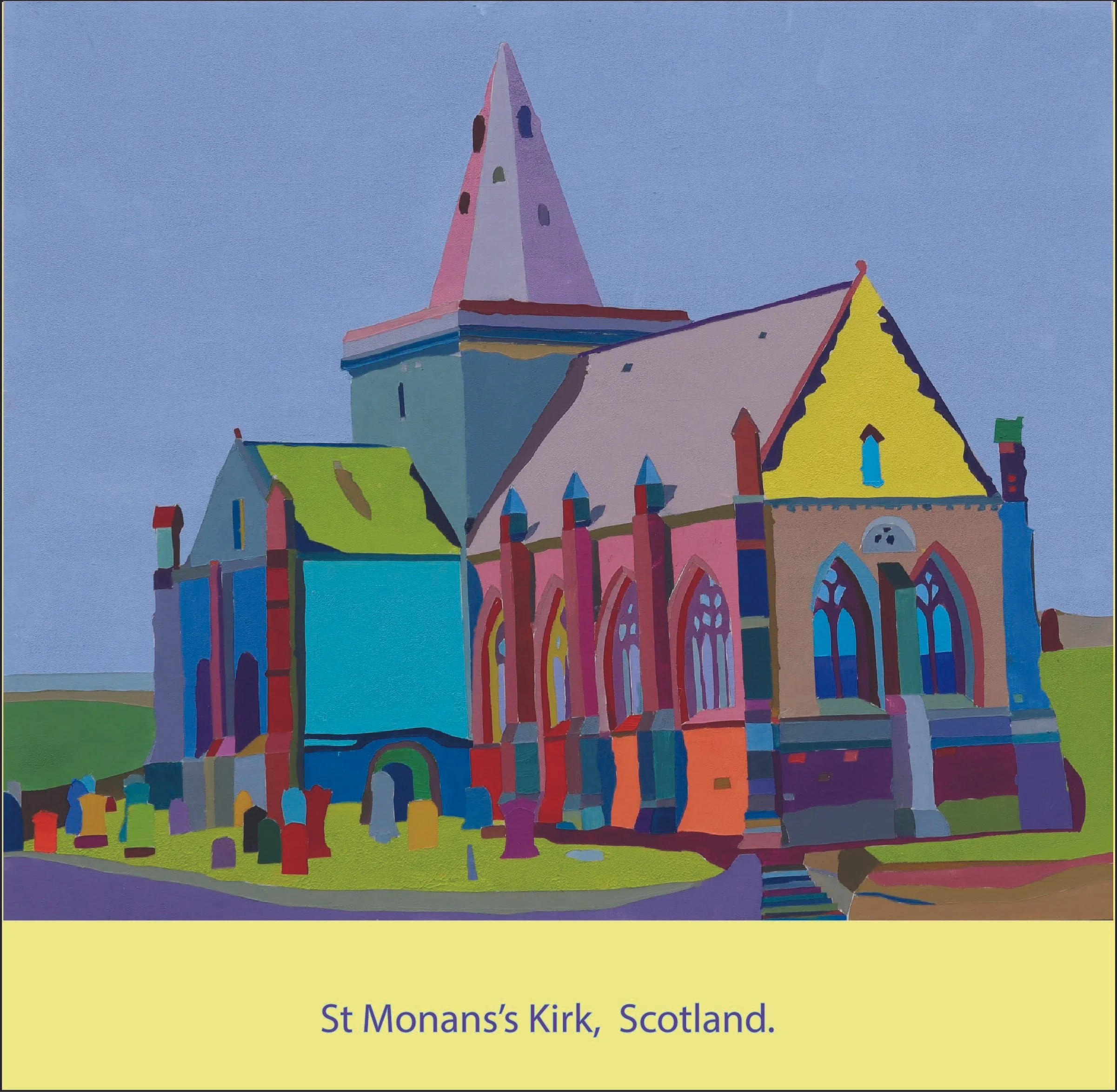 The image shows a colorful watercolor-style illustration of St. Monan's Church in Kirk, Scotland, with a tall steeple and vibrant colors, set against a light blue sky.