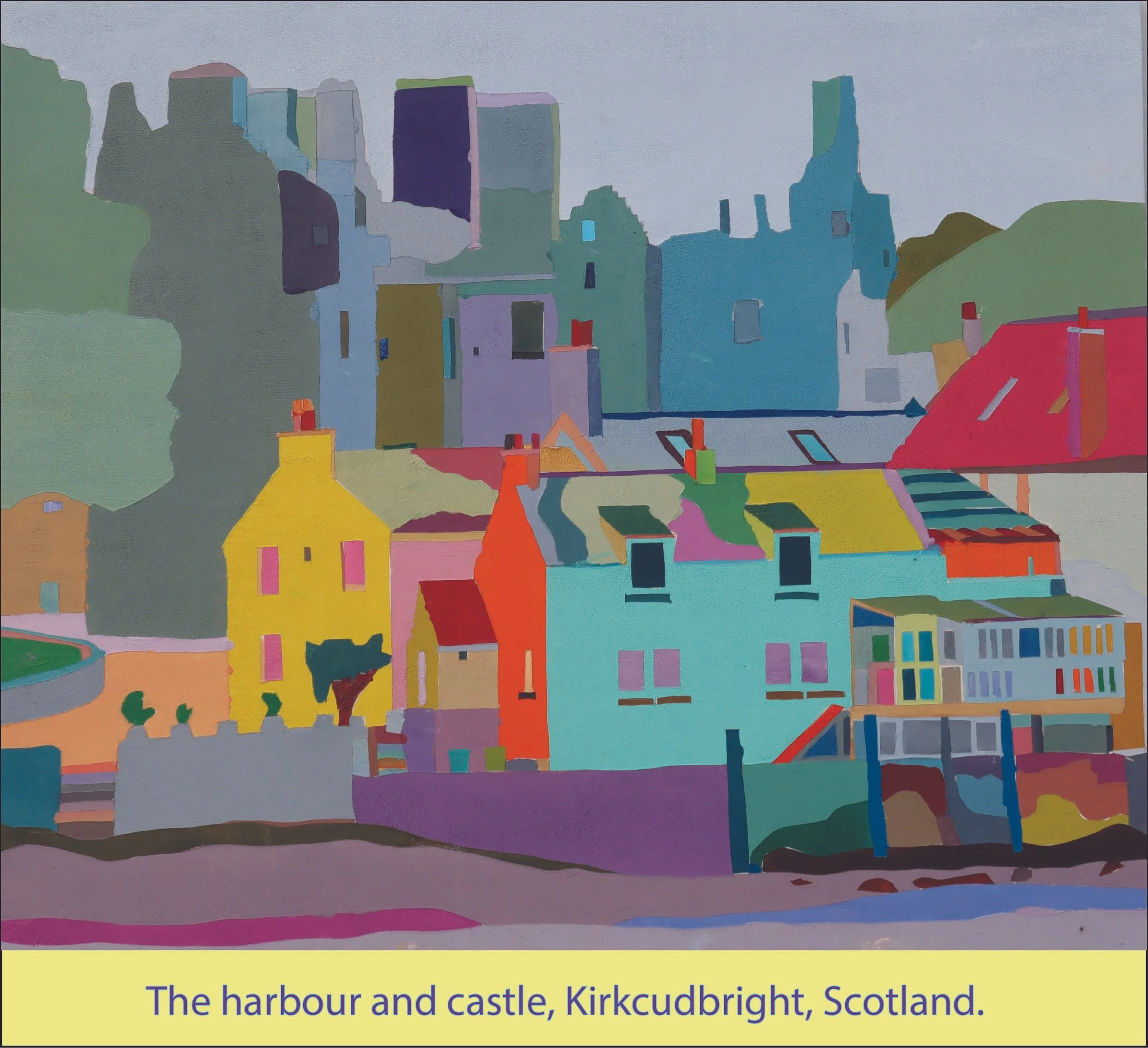 A depiction  of the harbour and castle in Kirkcudbright, Scotland, with various buildings and landscape features depicted in vibrant hues, reflecting  the legacy of the Scottish Colourist artists.