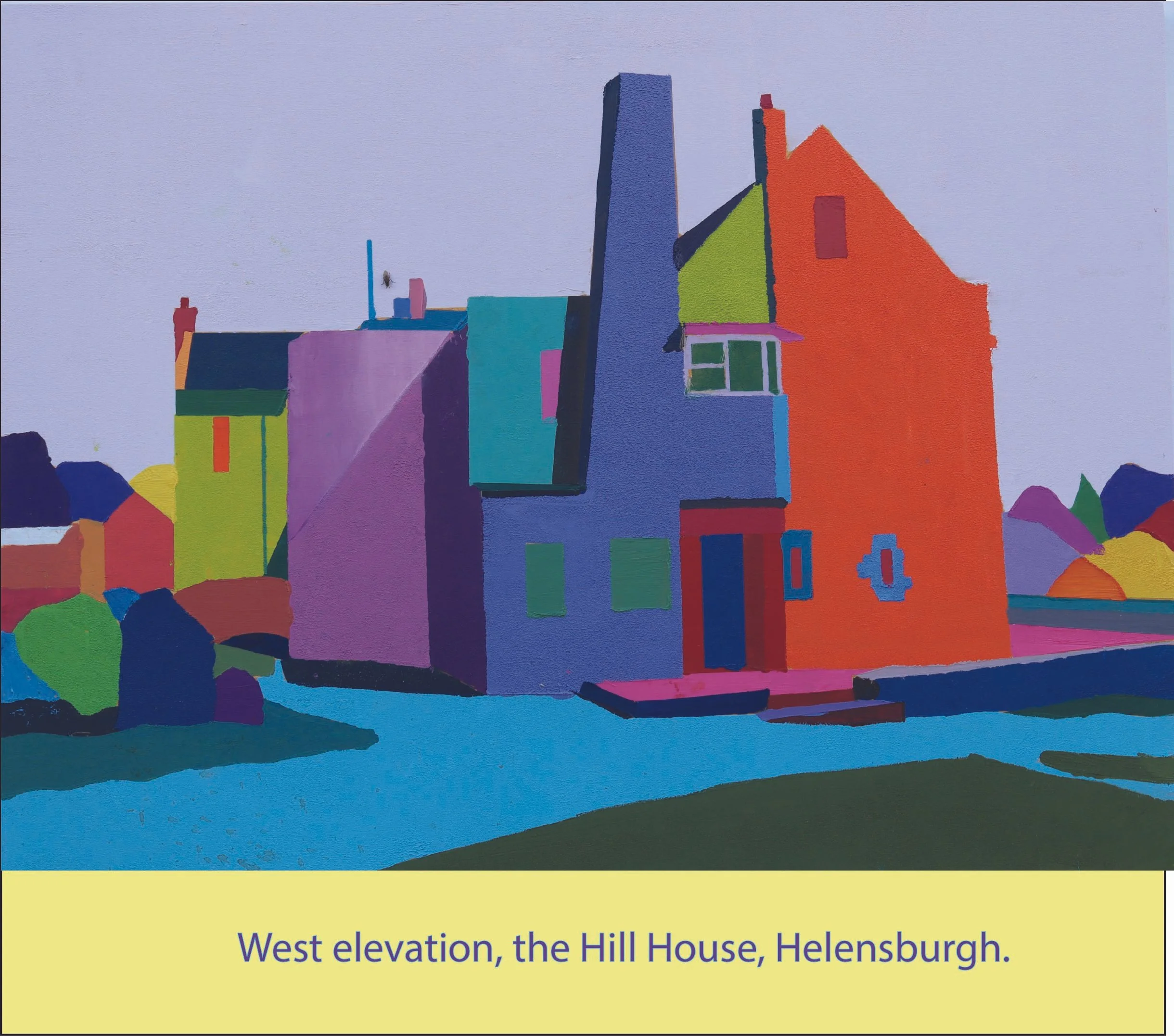 A colorful painting of a row of houses in a neighborhood, with a blue sky in the background, labeled as "West elevation, the Hill House, Helensburgh."