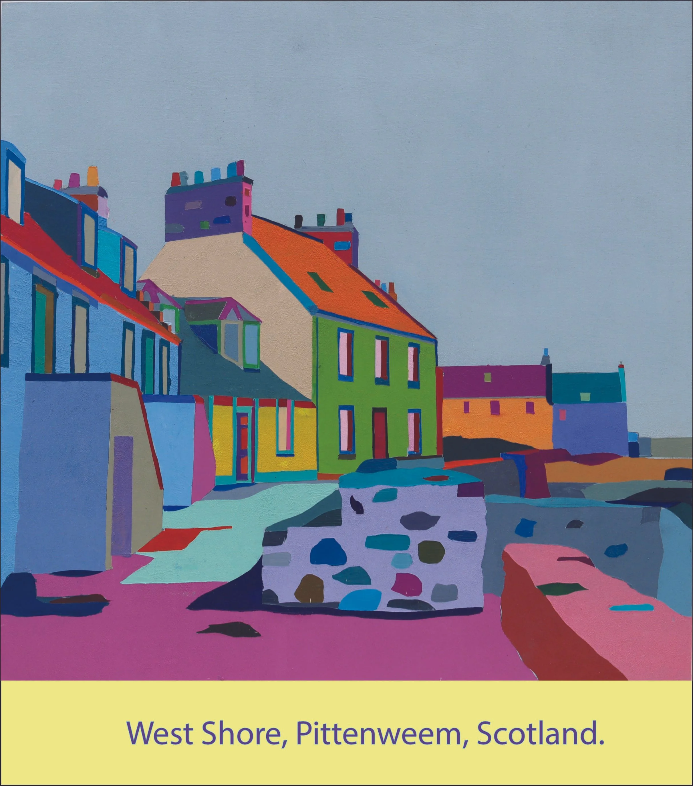Colorful illustration of buildings with varied rooftops in West Shore, Pittenweem, Scotland.