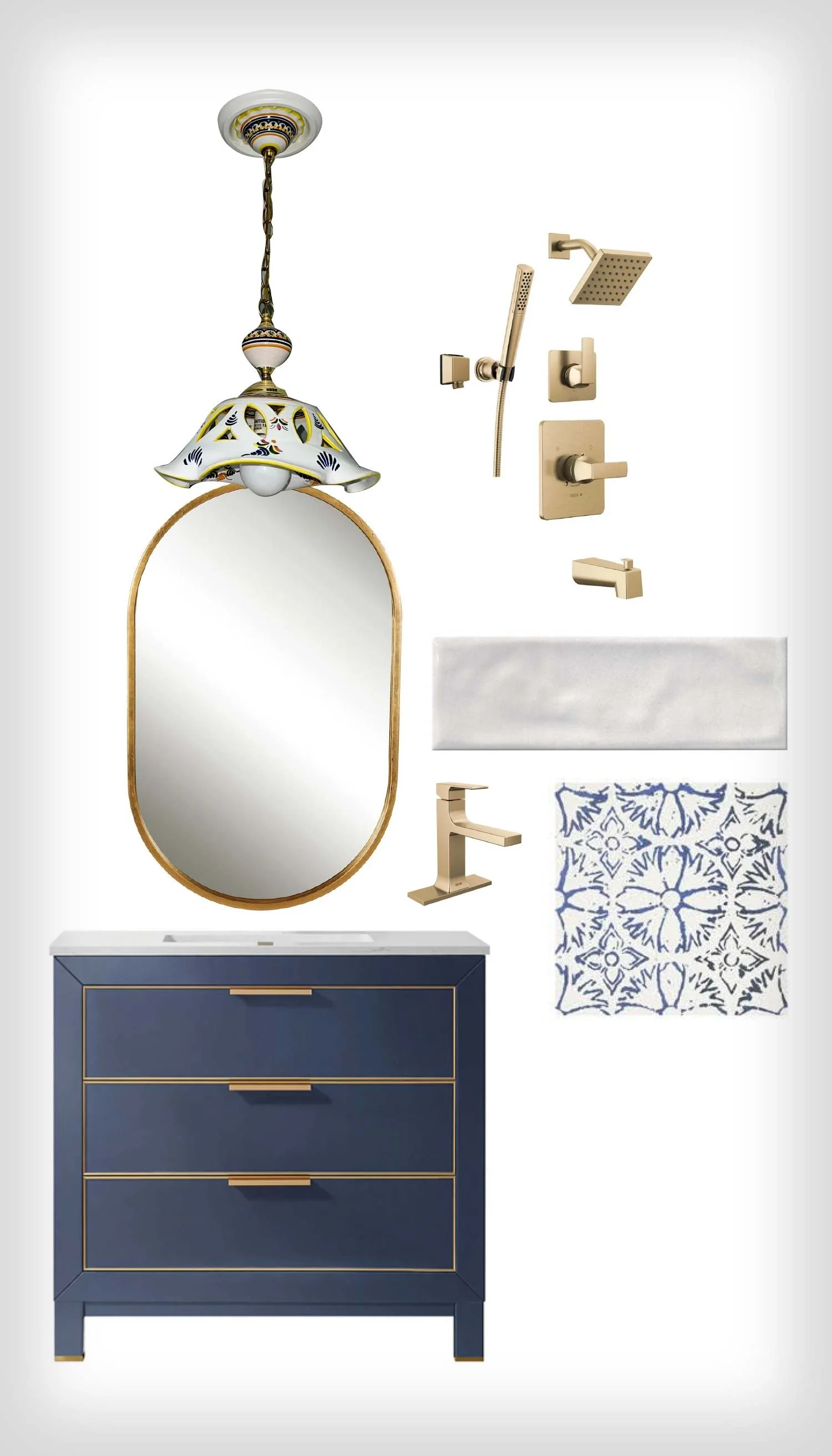 A blue bathroom vanity with gold hardware, a white marble countertop, rectangular mirror with a wooden frame, white and blue patterned wall tile, gold faucet, wall shower fixtures, and a hanging light fixture with a decorative shade.