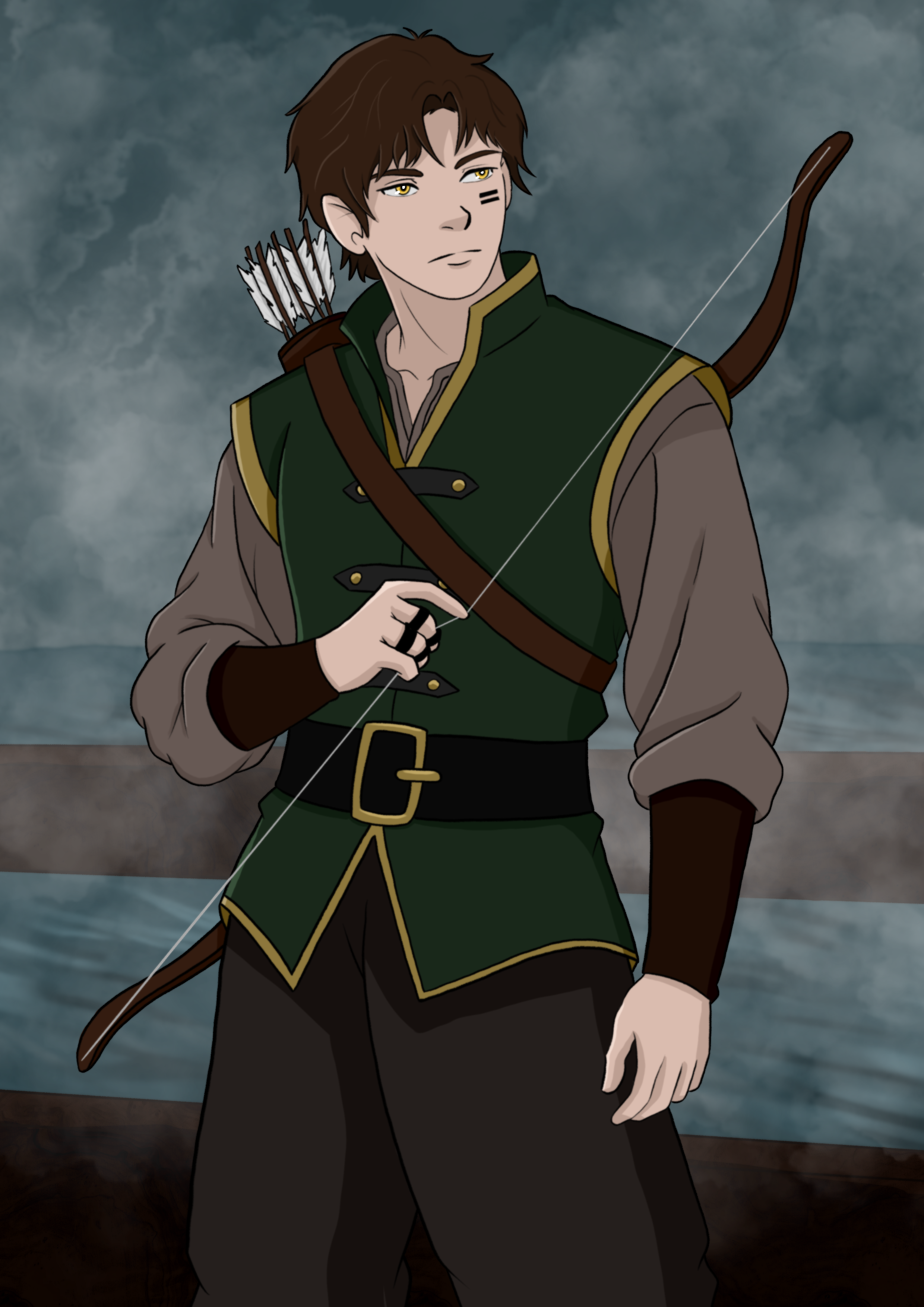 An animated male archer holding a bow with an arrow, dressed in green and brown medieval-style clothing, standing outdoors with stormy clouds in the background.