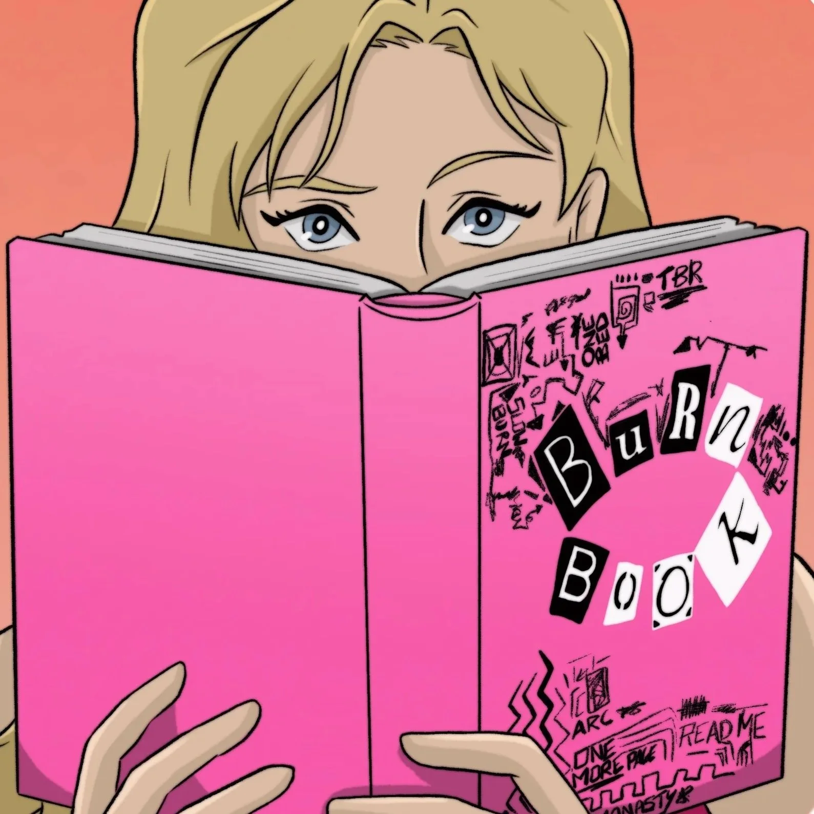 A person with blue eyes and blonde hair holding an open pink book with various drawings and text on the front cover.