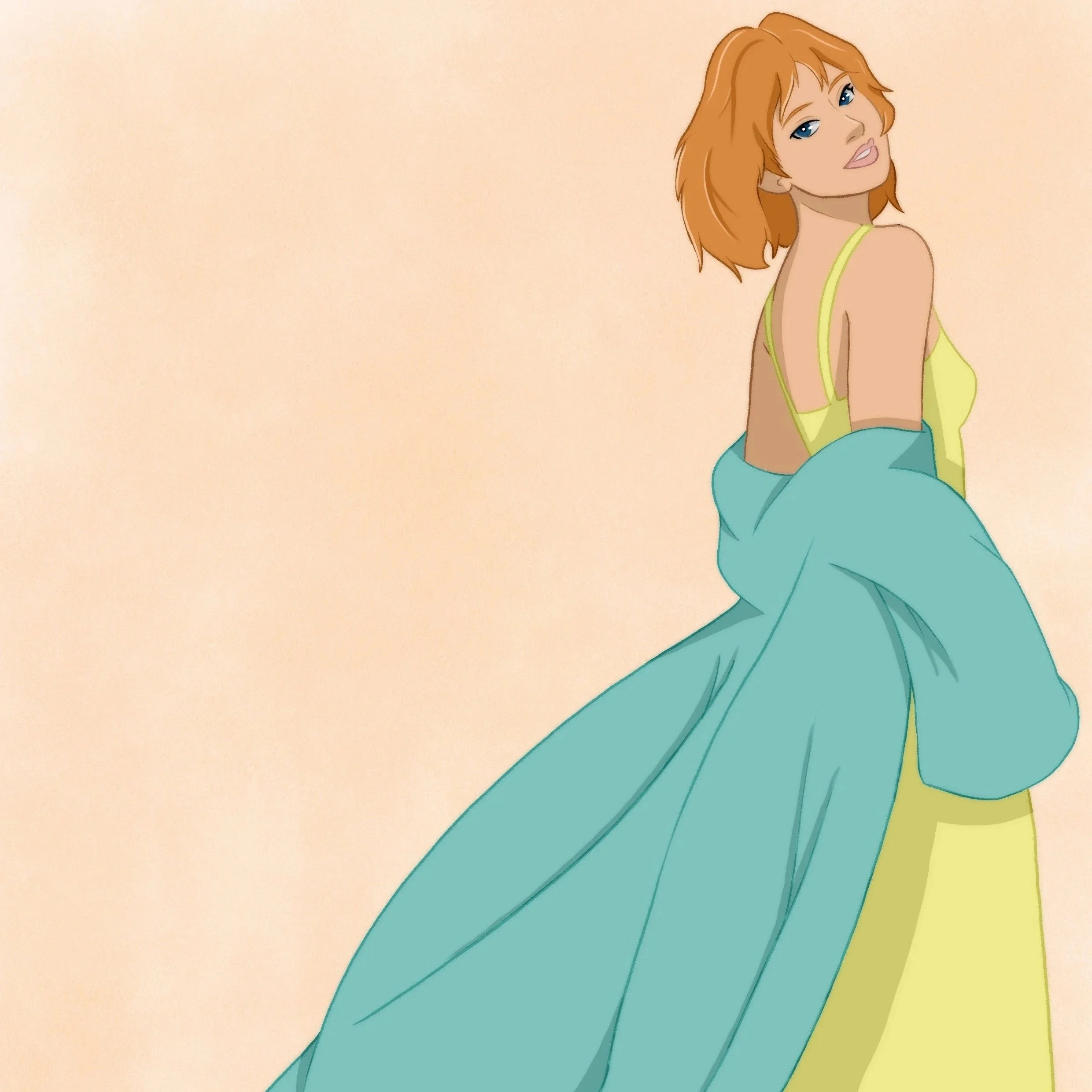 Close-up of an animated woman with orangehair, blue eyes, wearing a yellow dress.