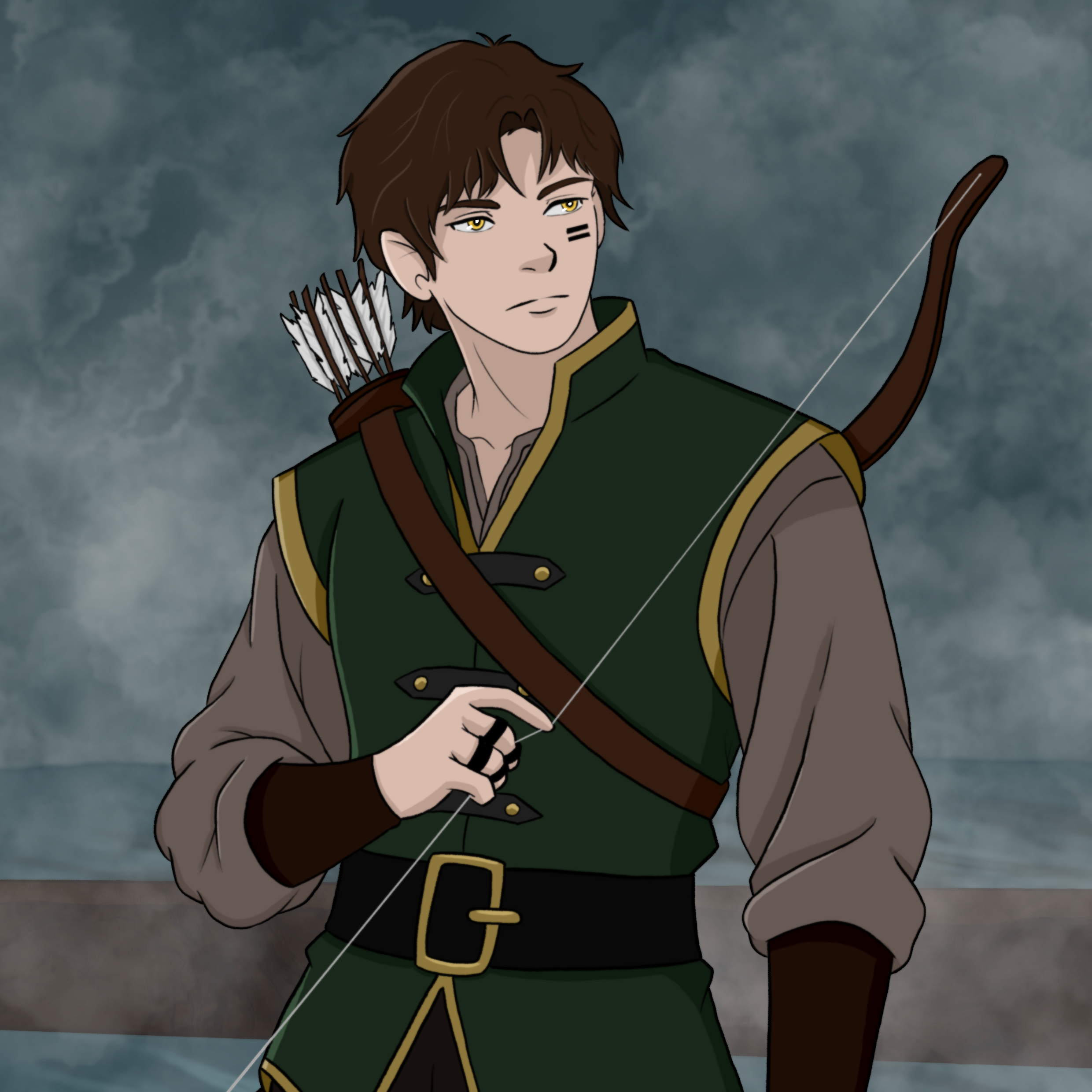 Animated illustration of a young male archer with brown hair, wearing green and brown clothing, holding a bow, with a quiver of arrows on his back, set against a stormy sky background.