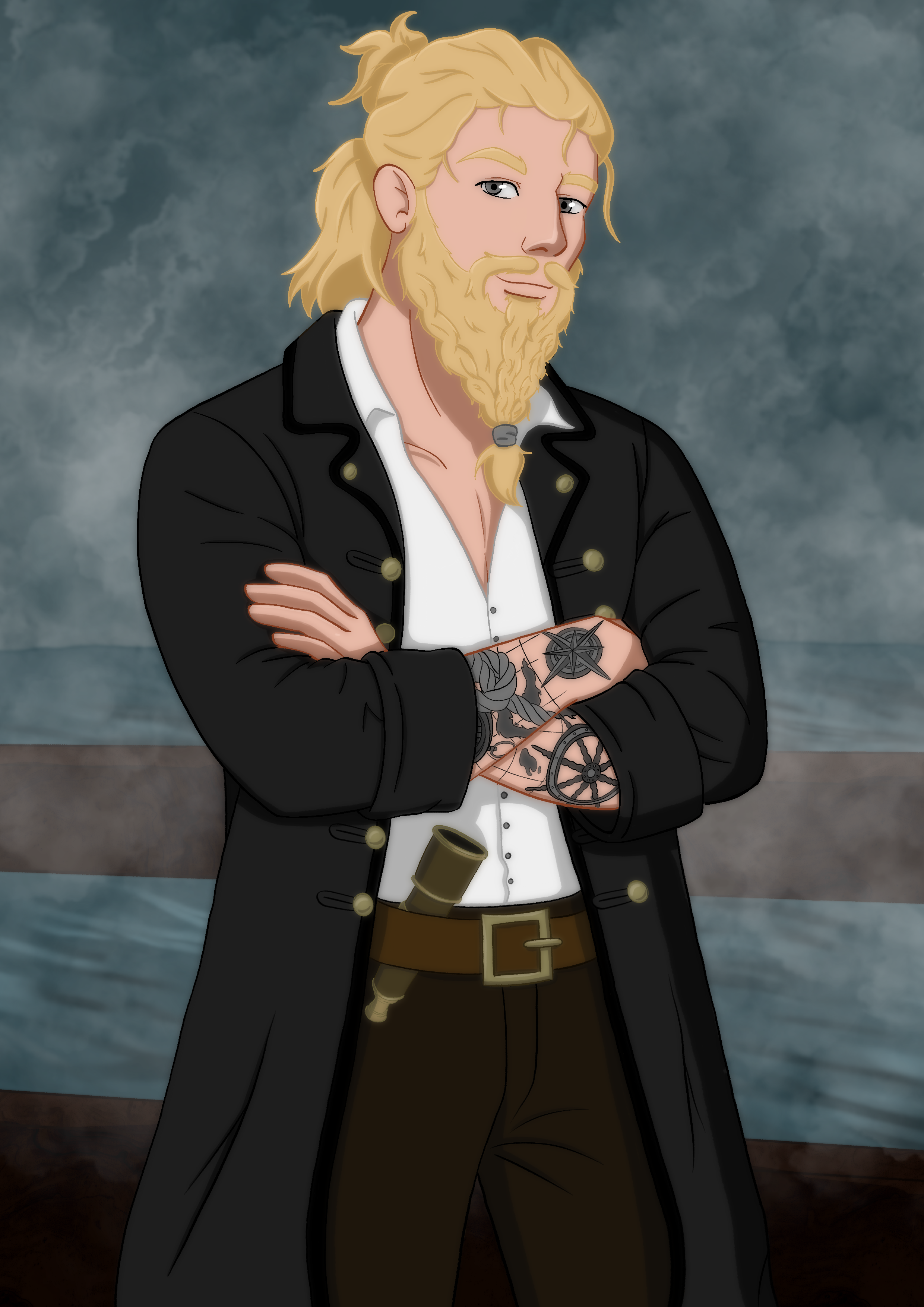 A man with long blond hair and a beard, wearing a black coat, white shirt, and brown trousers, standing with arms crossed in front of a cloudy sky background.
