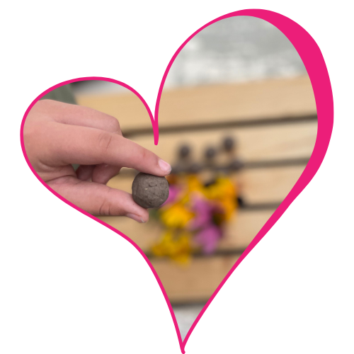 A person's hand holding a small round object, with a blurred background that includes flowers and a wooden surface, framed by a pink heart-shaped outline.
