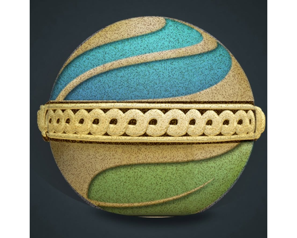 Una pelota decorativa con patrones en colores azul, verde, beige y detalles en color crema.