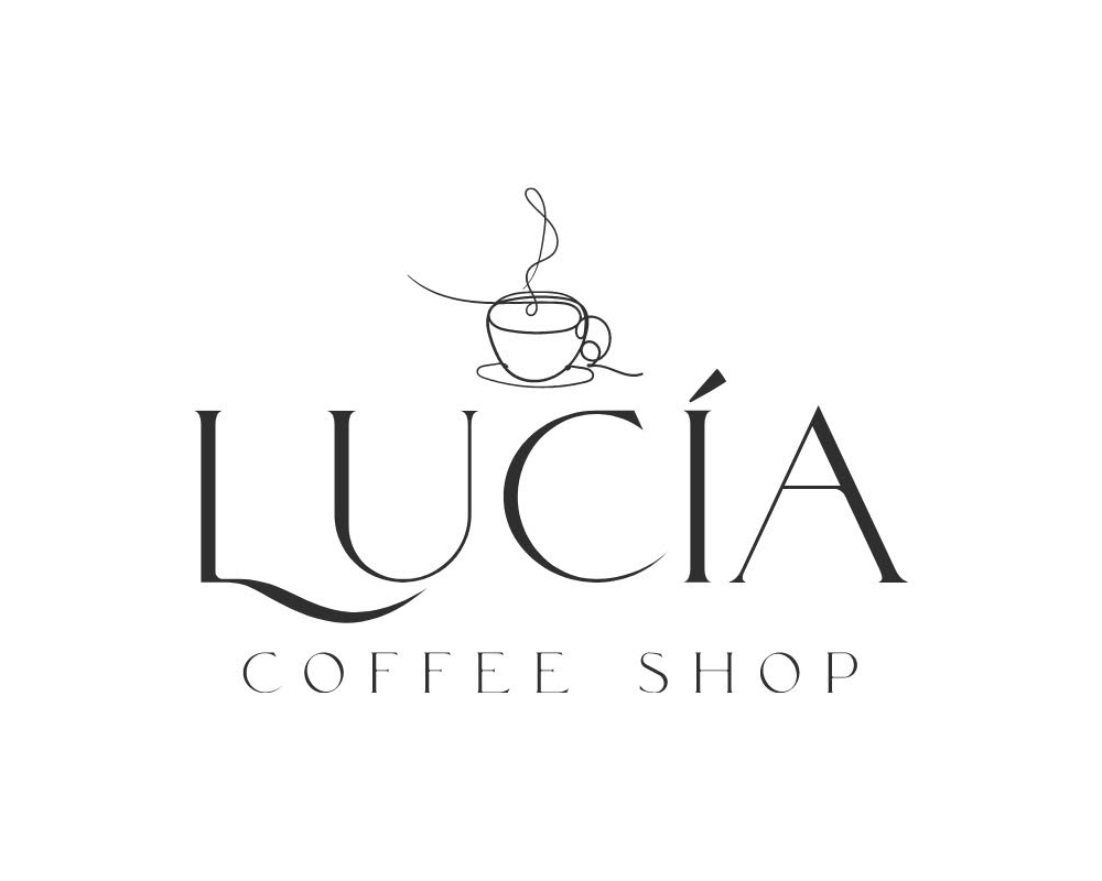 Logotipo de una cafetería llamada LuCía con un dibujo de una taza de café con vapor en la parte superior y letras estilizadas.