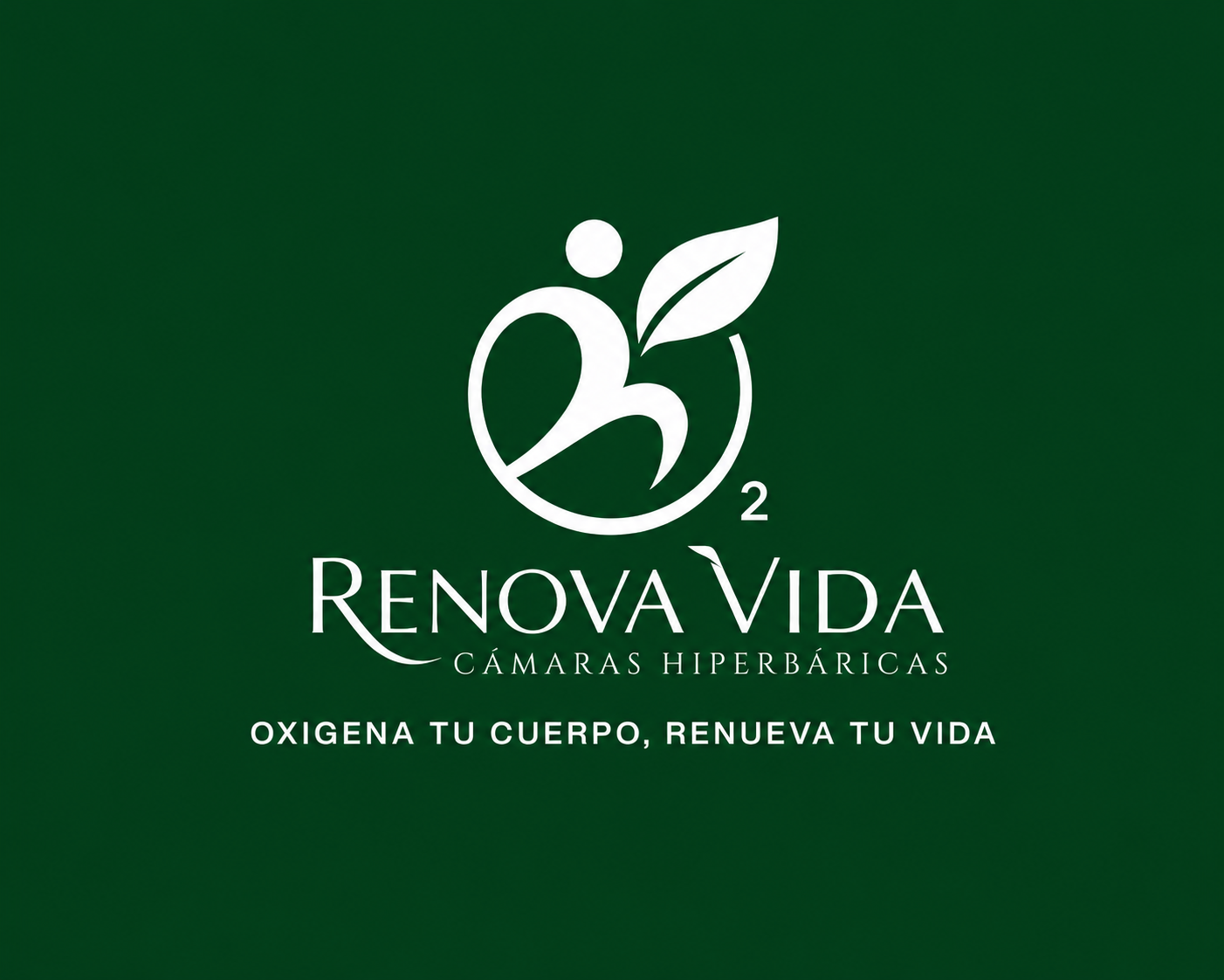Logo de Renovar Vida, una cámara hiperbárica, con el lema 'Oxigena tu cuerpo, renueva tu vida' en fondo verde.