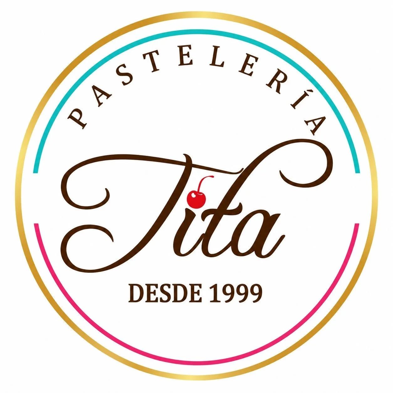 Logo circular de la pastelería Tita desde 1999, con letras elegantes y una cereza roja en la letra 'T'.