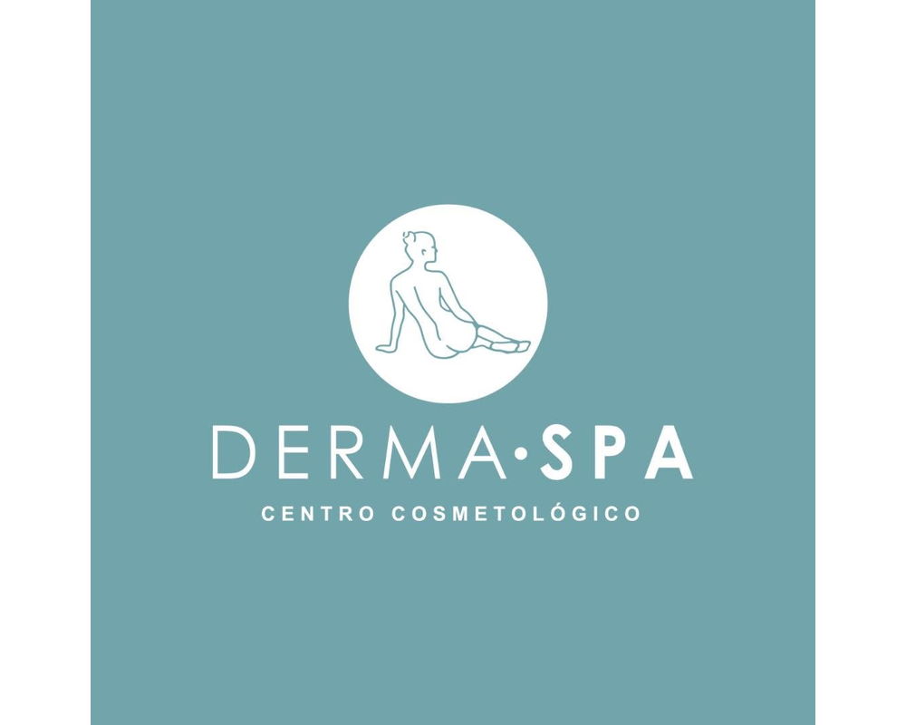 Logotipo de un centro cosmotológico llamado DERMA SPA, con una ilustración de una mujer de perfil sentada, en un círculo blanco sobre un fondo azul.