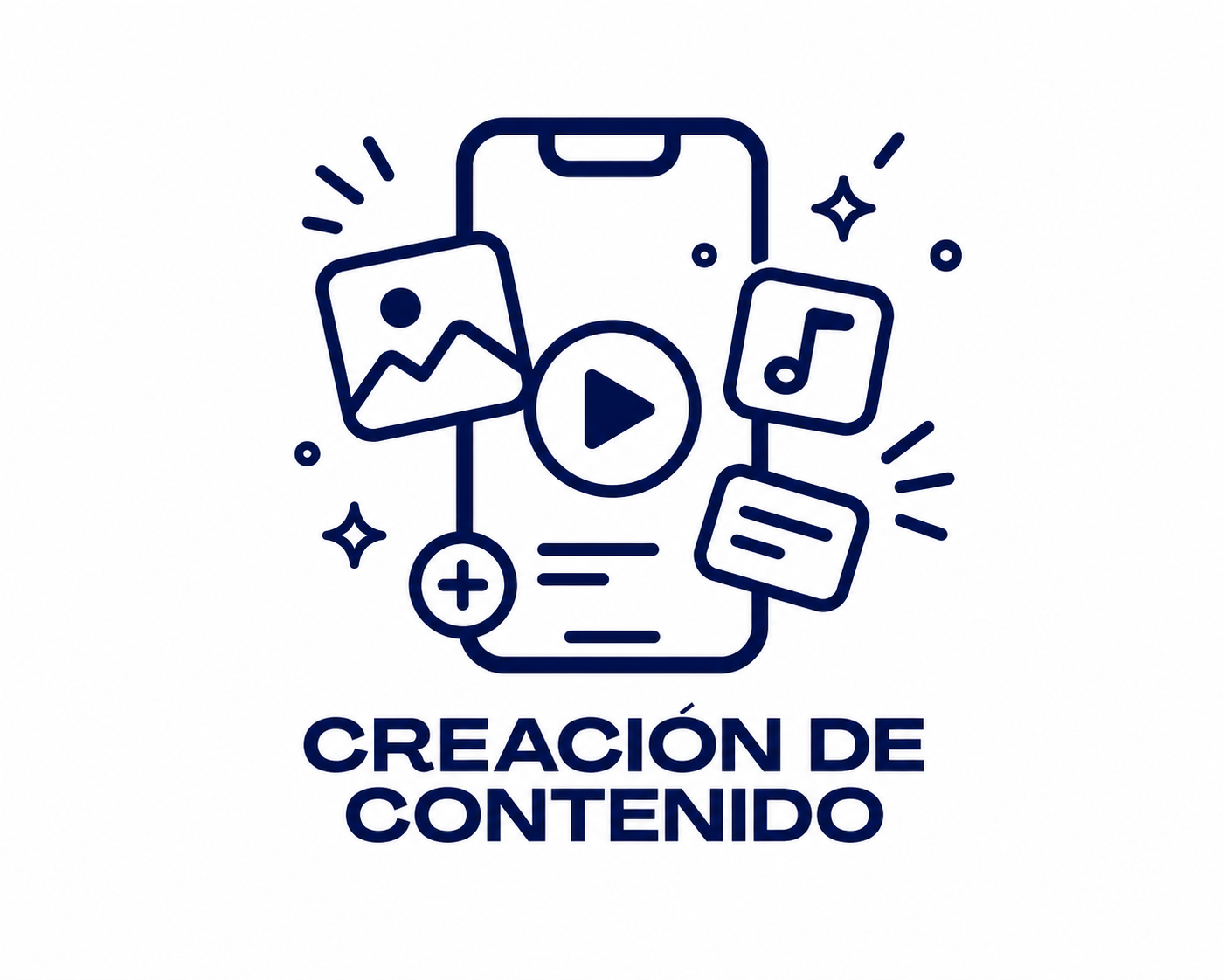 Ilustración de un teléfono inteligente con íconos de imagen, música, video, y texto, y el texto 'Creación de contenido' debajo.