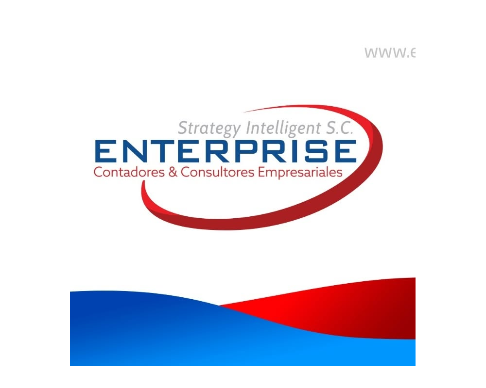 Logo de una empresa llamada ENTERPRISE, especializada en contadores y consultores empresariales, con colores rojo, azul y gris.