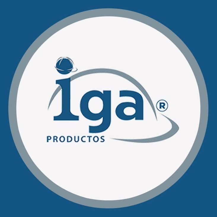 Logotipo de la empresa IGA Productos, con un diseño que incluye una bola y un arco que rodean el texto.