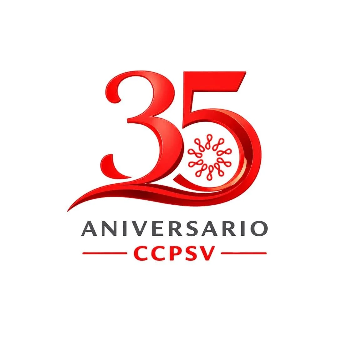 Logo con el número 35 en color rojo, con un diseño adornado en el centro del número, la palabra 'ANIVERSARIO' en gris y las letras 'CCSV' en rojo debajo, con líneas horizontales a cada lado.