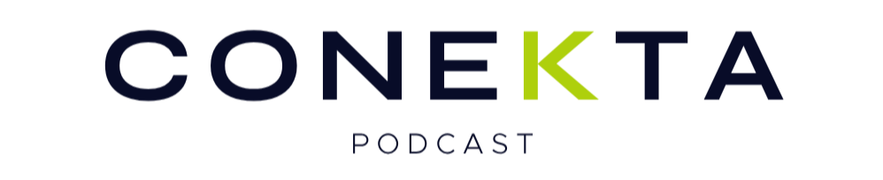 Logo del podcast 'Conecta' con texto en azul y verde sobre fondo negro