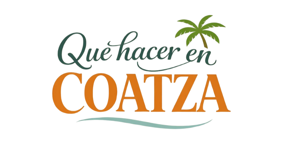 Texto que dice 'Qué hacen en Coatzá', con una palmera y elementos de playa en el fondo.