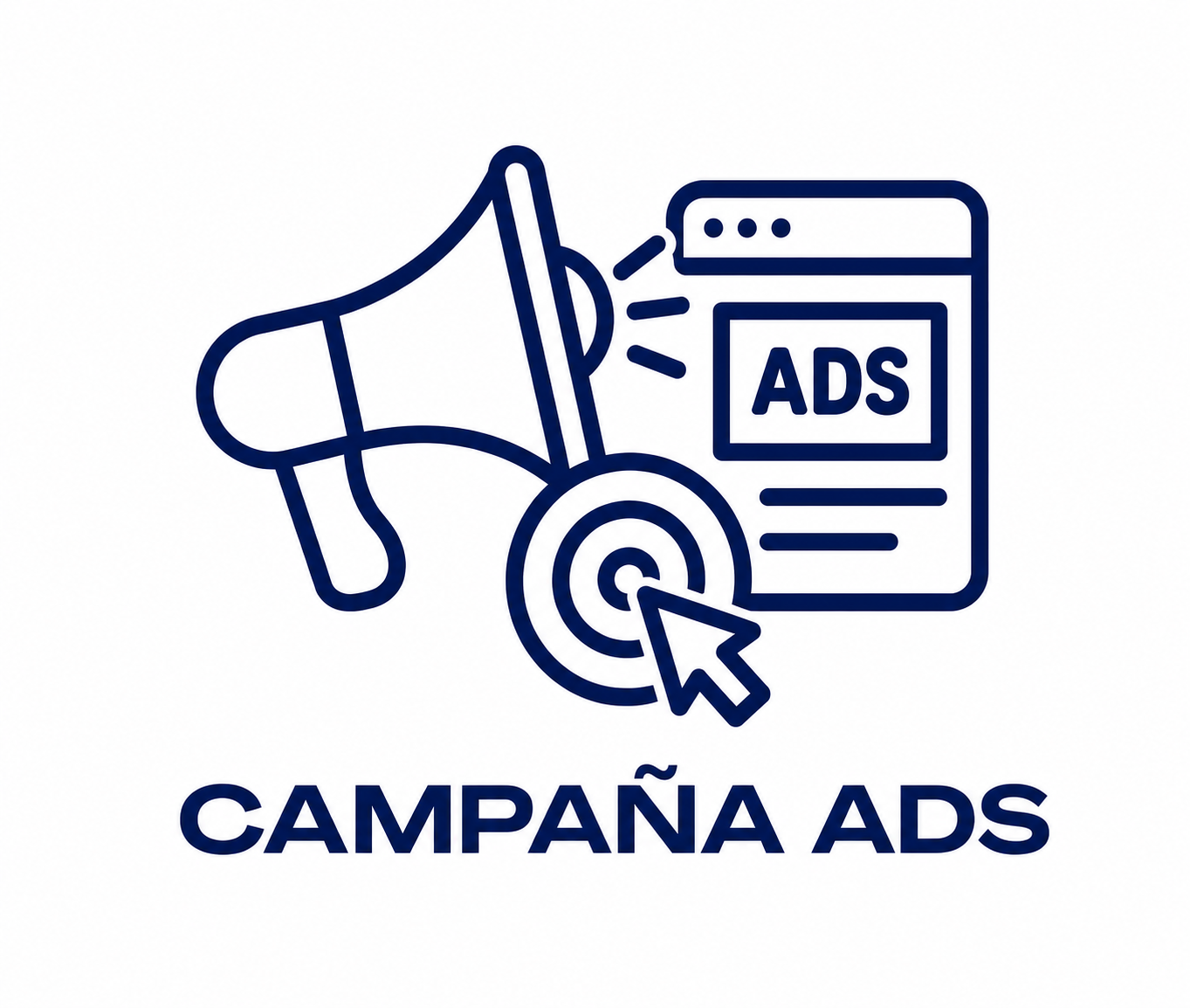 Icono de campaña de anuncios digitales con un altavoz, una pantalla con la palabra 'ADS', un cursor y un objetivo, acompañado del texto 'Campaña ADS'.