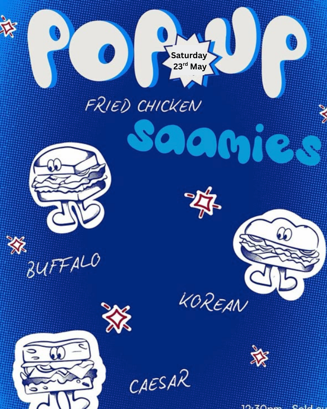 Blue menu poster for fried chicken sandwiches with cartoon illustrations of sandwiches and text, including the date Saturday, 23rd May.