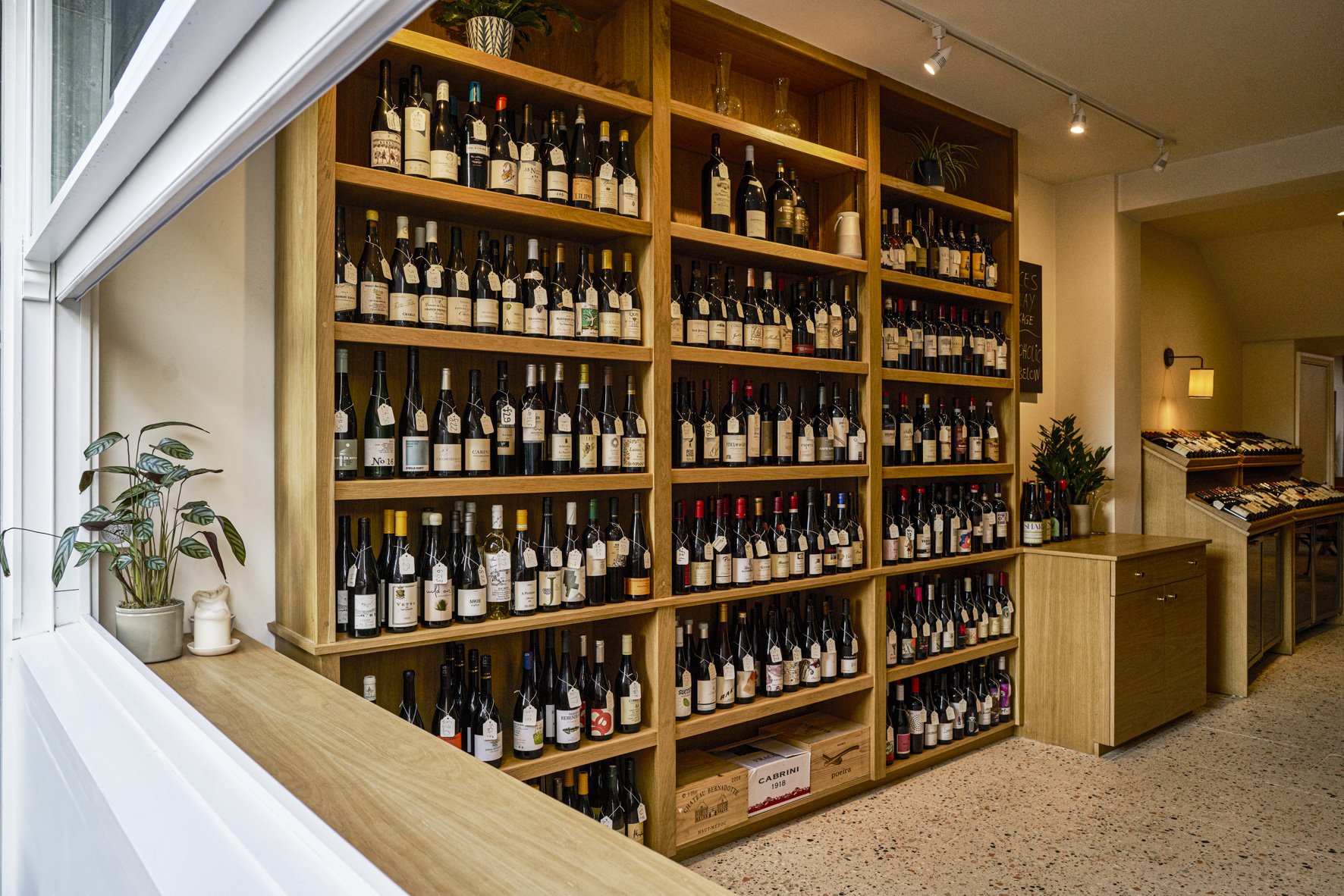 Interior of a wine shop with wooden shelves filled with various bottles of wine, a potted plant on a counter, and wine racks in the background.
