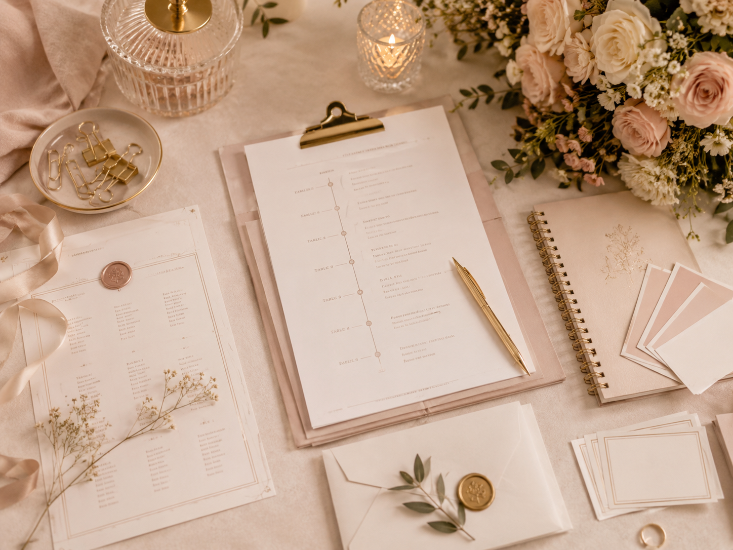 Elegant wedding planning table with flowers, candles, stationery, and planning materials.