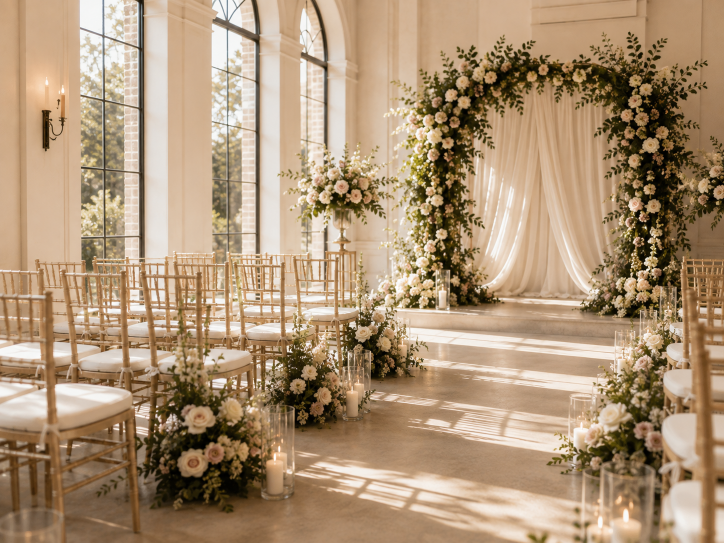 Elegant indoor wedding ceremony with floral arch, candles, and gold chairs.