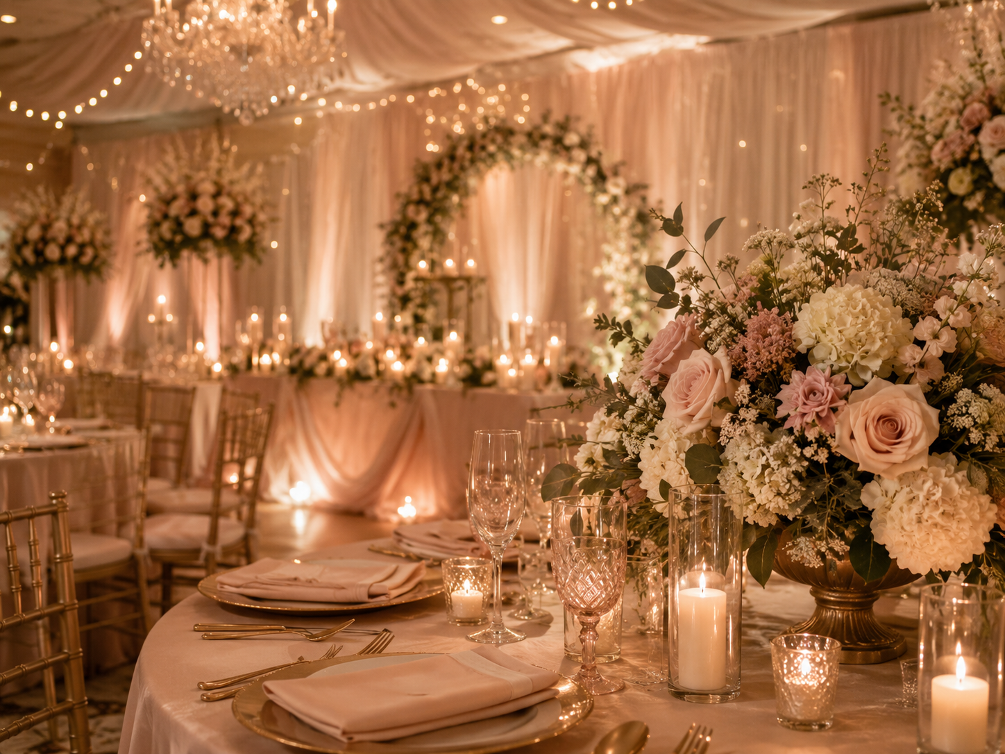 Elegant wedding reception with floral centerpieces, candles, and draped fabric and string lights on the ceiling.