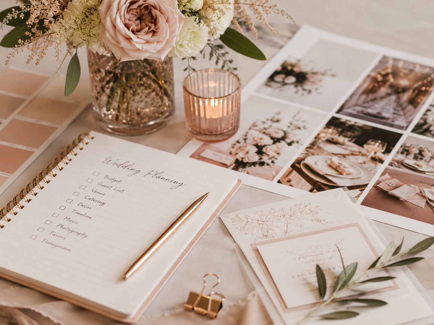 Wedding planning Workspace with flowers, candles, Inspiration photos, and planning materials.