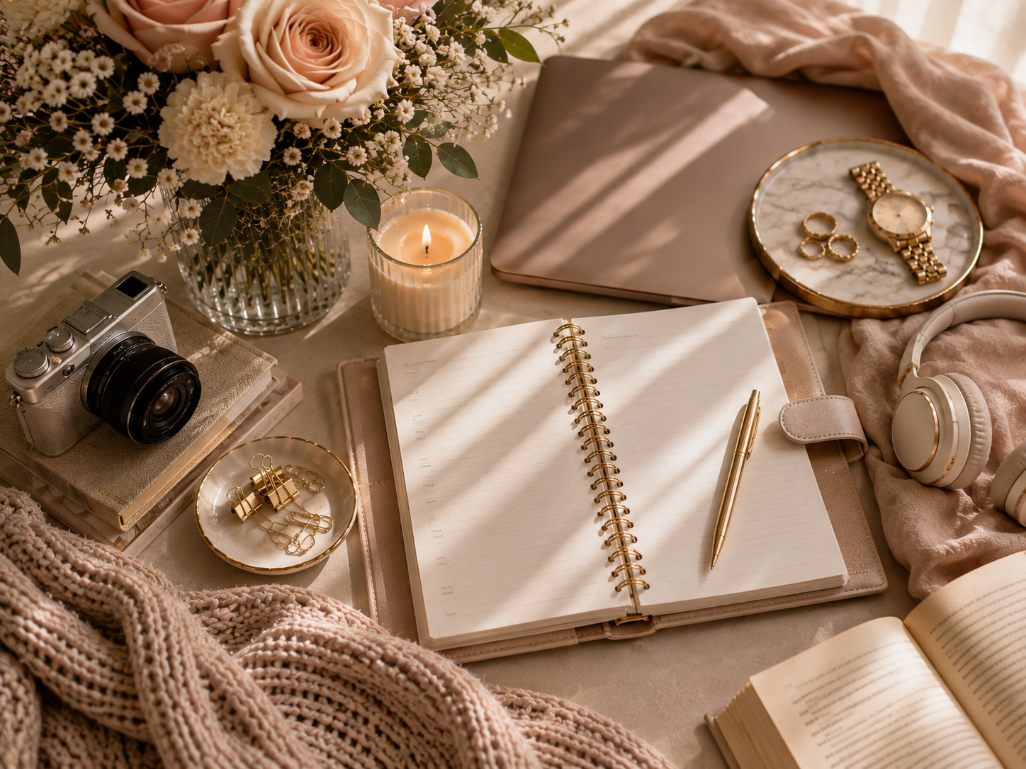 Wedding planner workspace with flowers, planner, camera, and neutral-toned details.